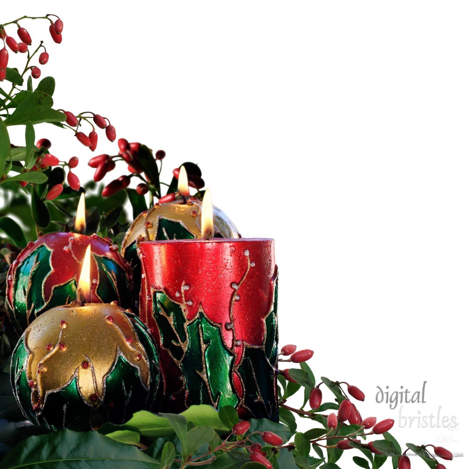 Christmas candles amidst foliage and berries