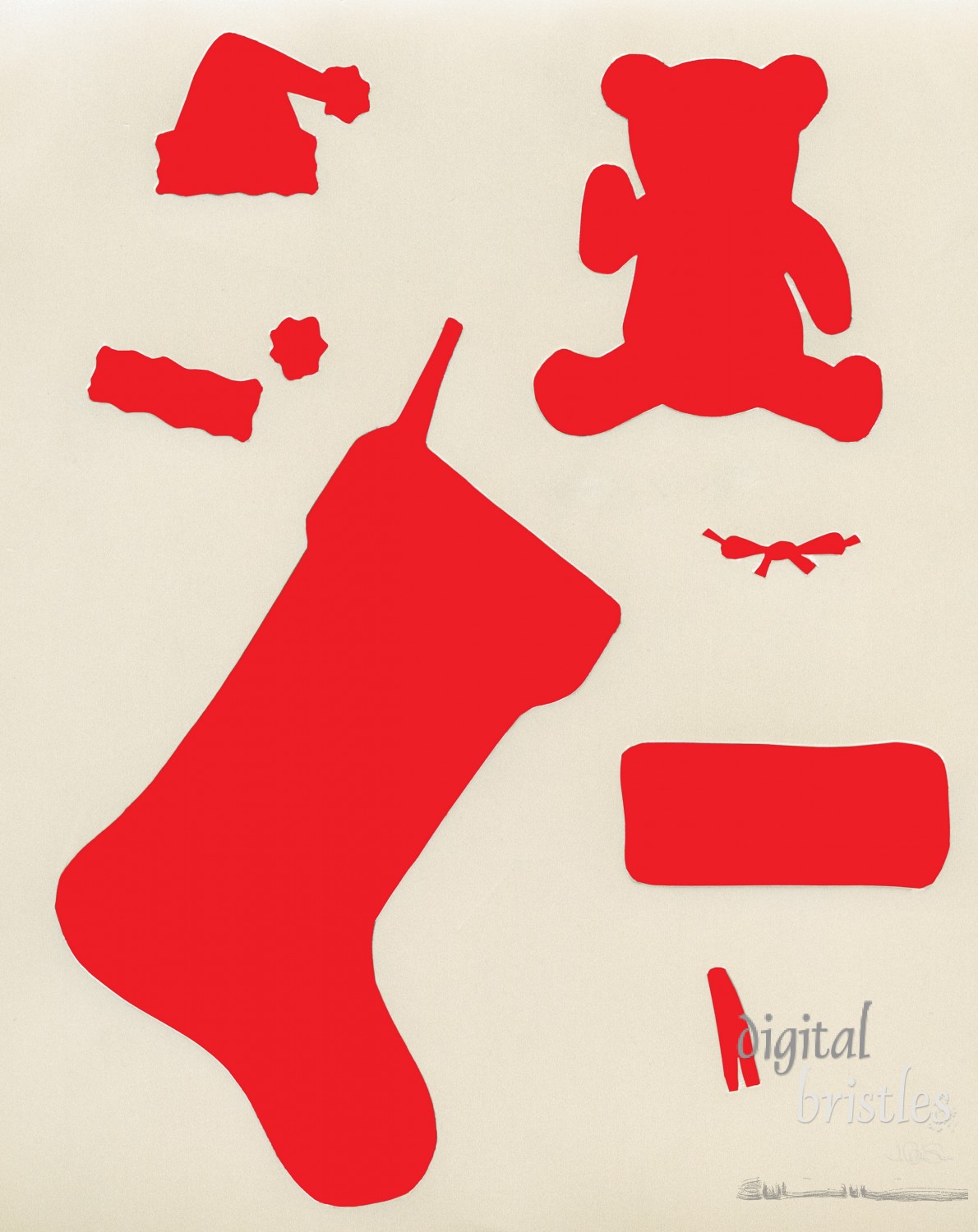 Stencil of santa hat, stocking and bear over red construction paper