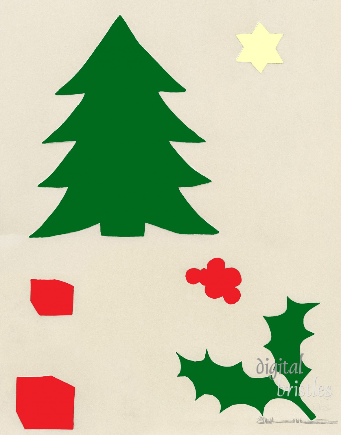 Stencil of Chtristmas tree, holly, star and packages, over colored construction paper