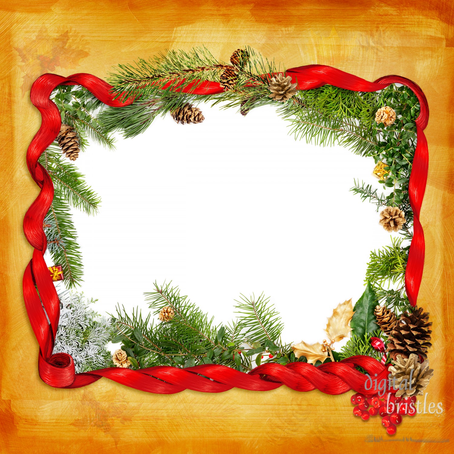 Foliage and ribbon Christmas frame over hand painted gold background