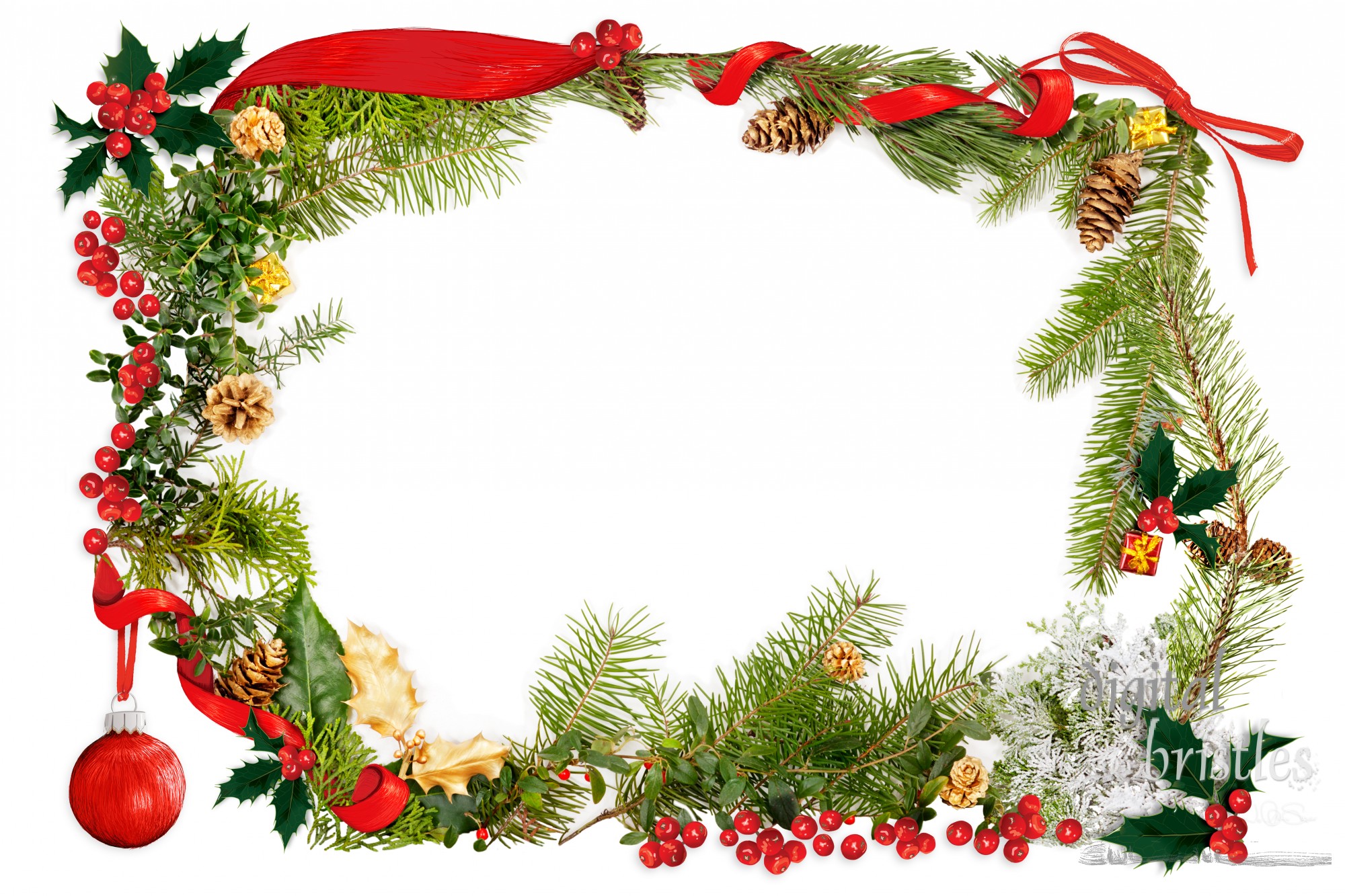 Christmas collage of drawn elements with foliage frame