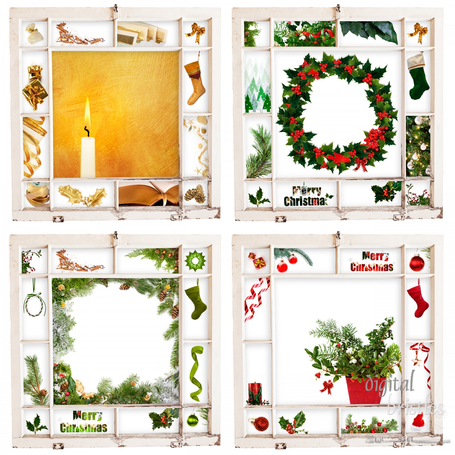 Grungy old window frames with collages of red, green & gold Christmas items. Clipping path for frames