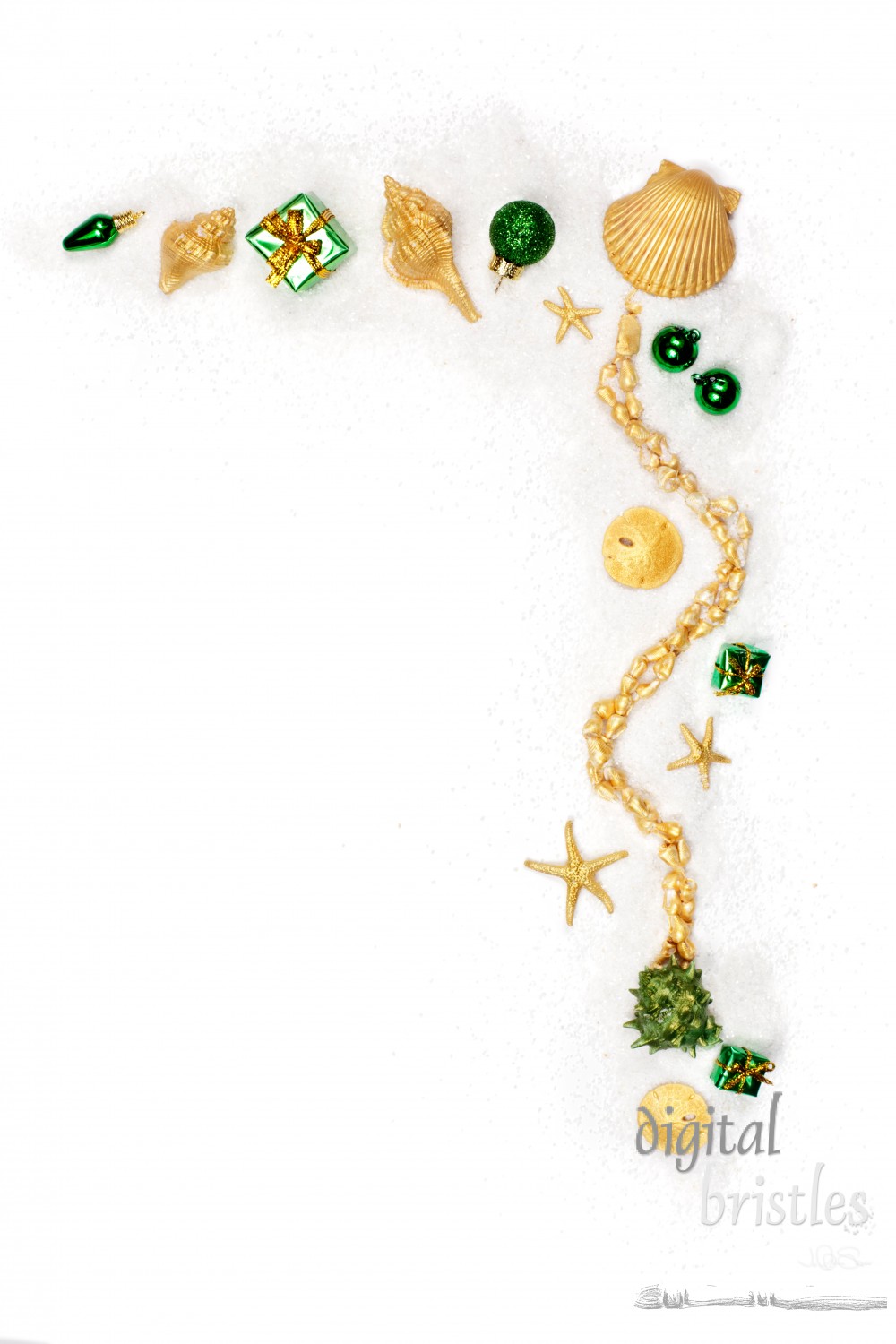 Green ornaments & shells painted gold on white sand