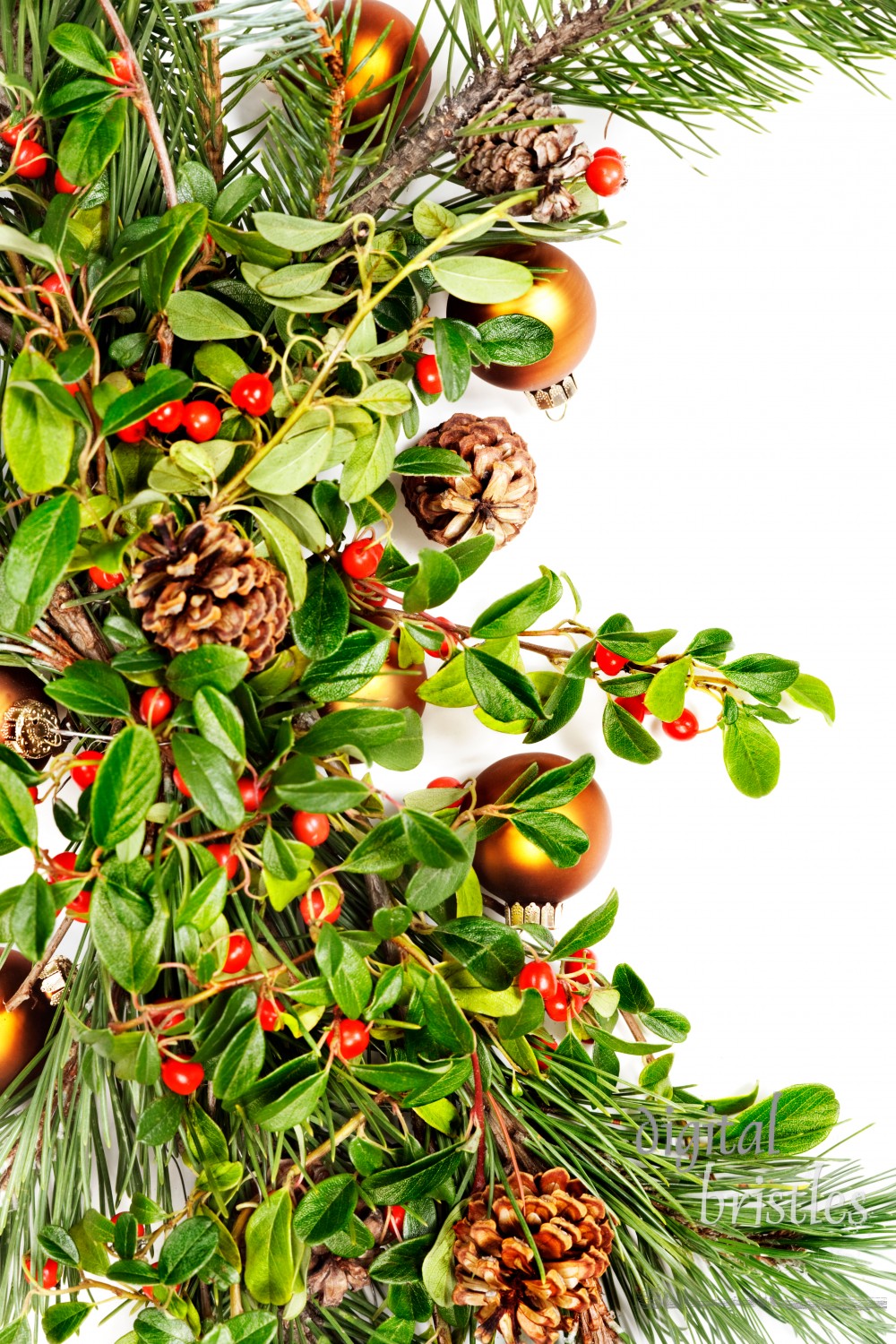 Holiday garland with ornaments, pine branches, pine cones and evergreen with berries (Common Bearberry/Kinnikinnick)