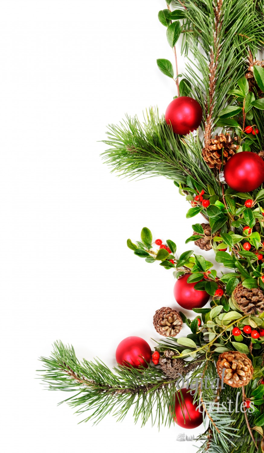 Holiday garland with red ornaments, pine & spruce branches, pine cones and evergreen with berries (Common Bearberry/Kinnikinnick)