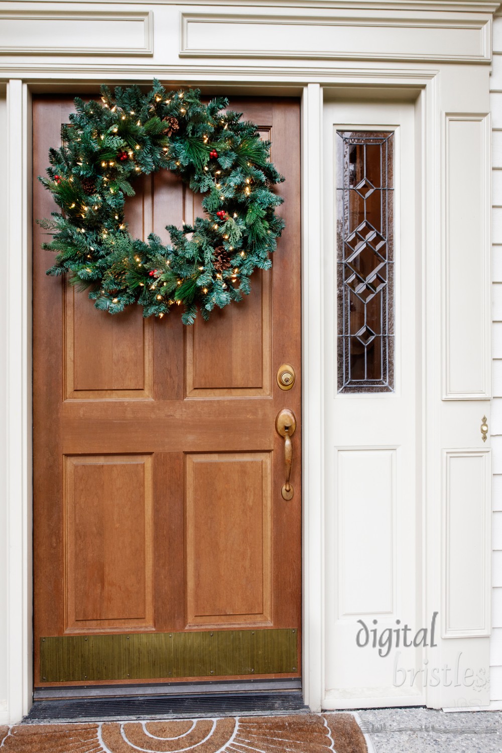 Front door decorated with a Christmas wreath