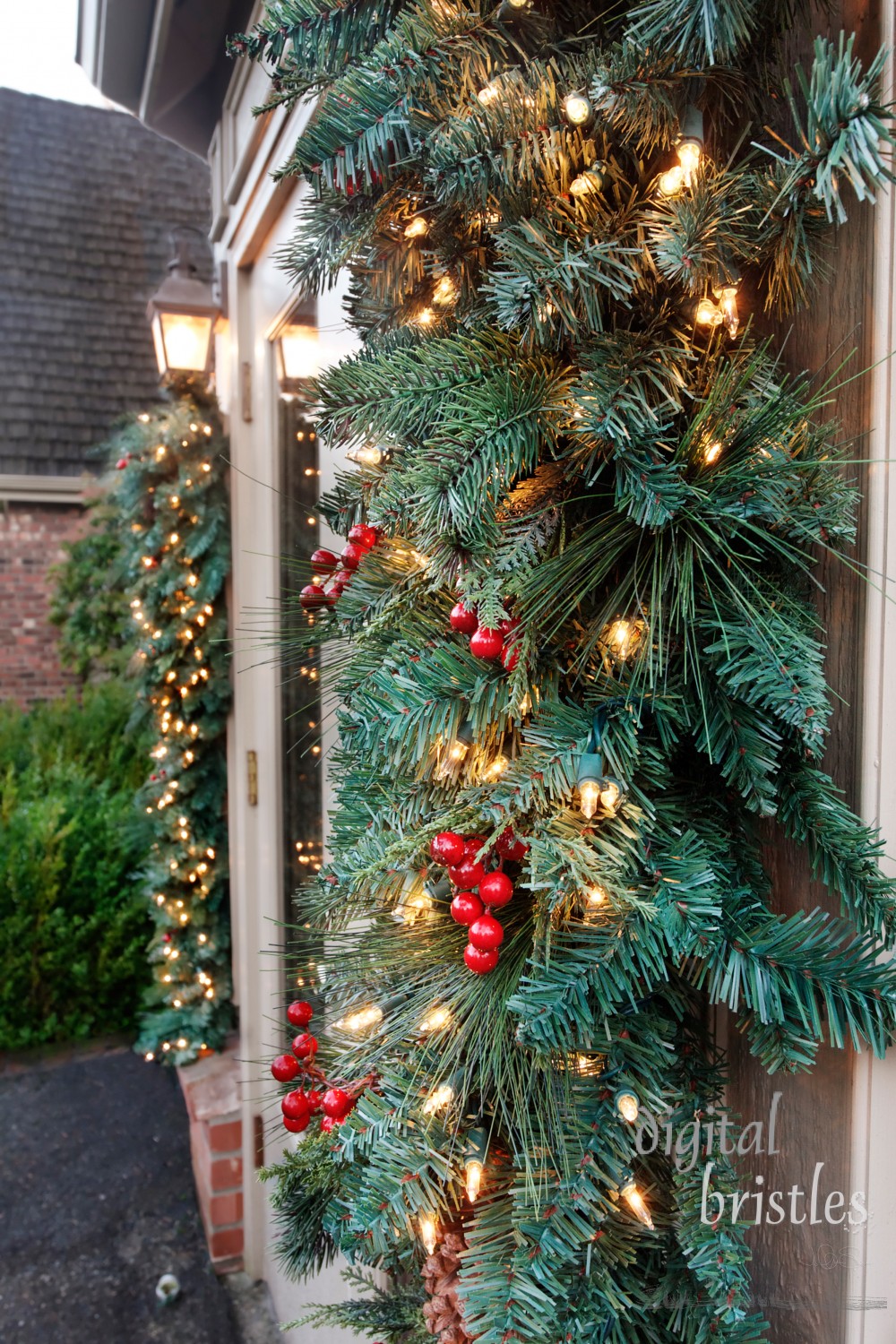 Outdoor Christmas decorations on french doors