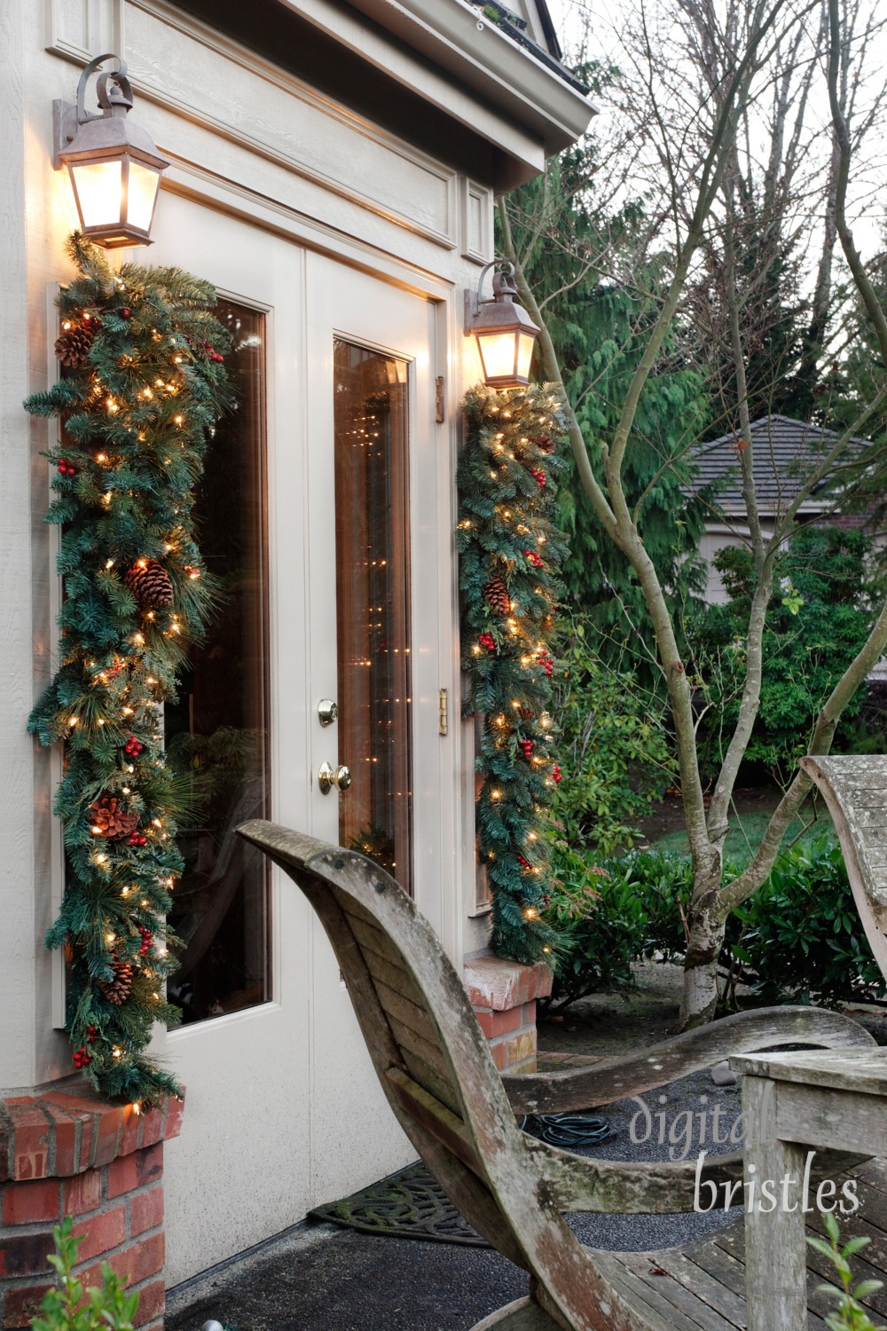 Outdoor Christmas decorations on french doors