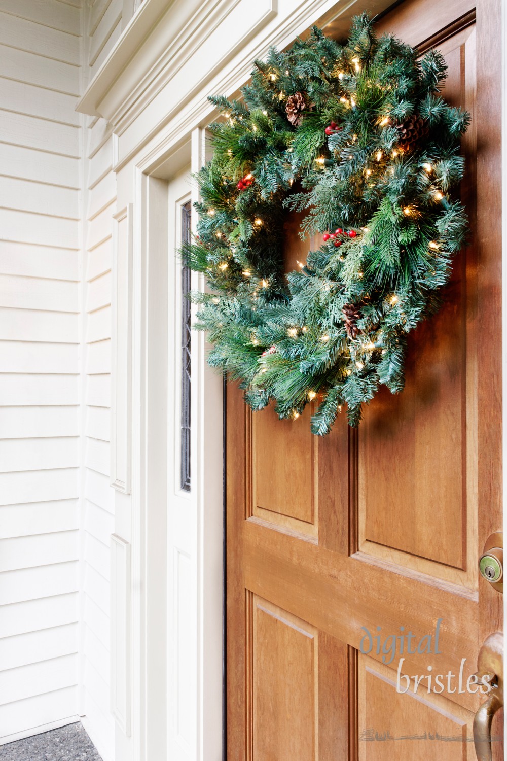 Front door decorated for the holidays