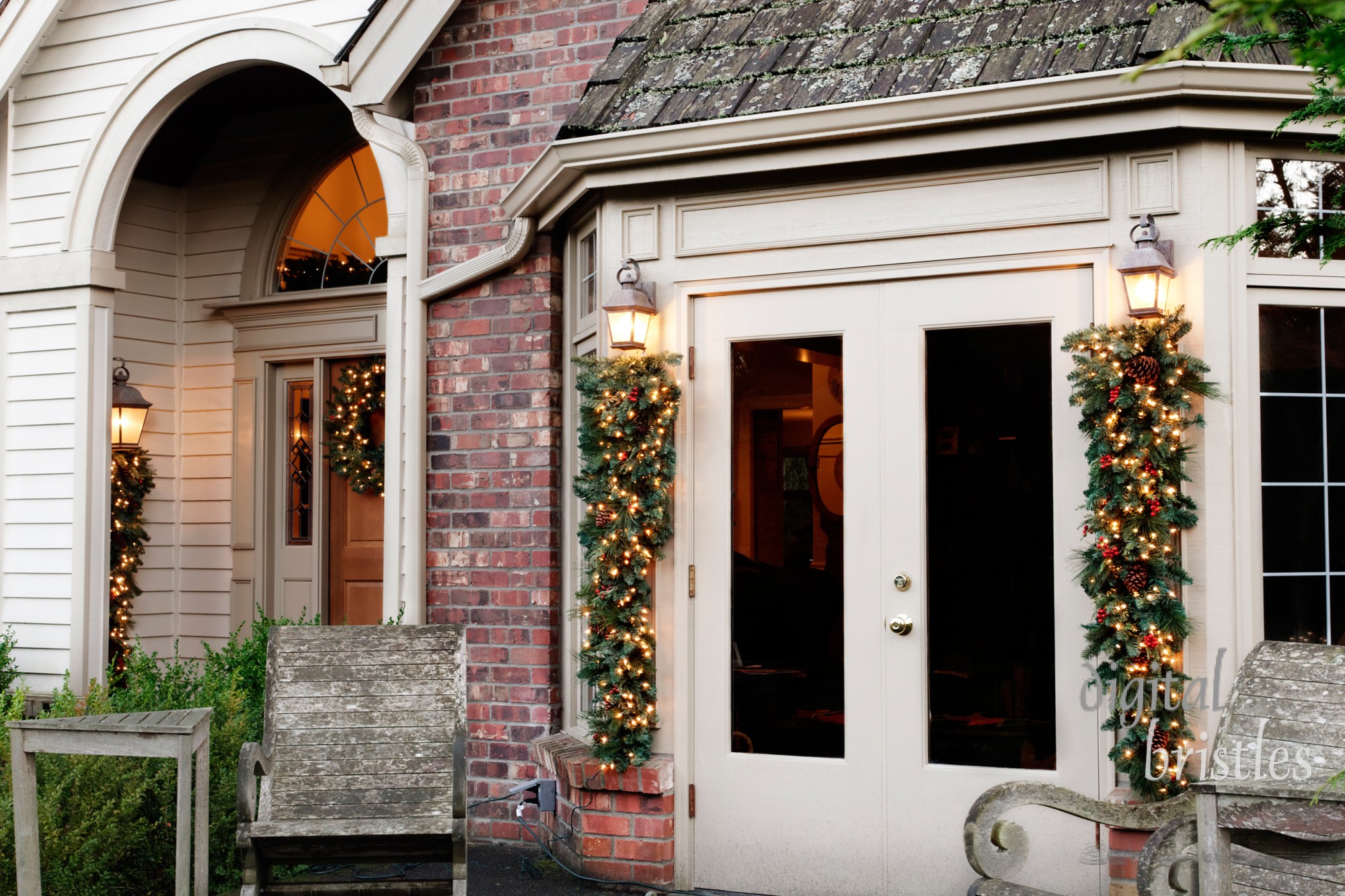 Outdoor Christmas decorations on french doors & porch