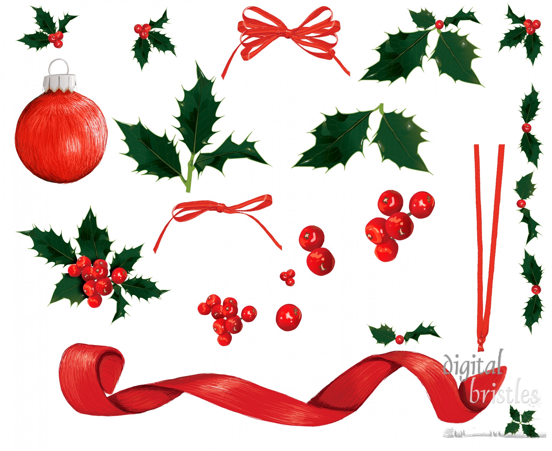 Christmas decorations - curl of red ribbon, shiny holly, bright berries, ornaments and bows