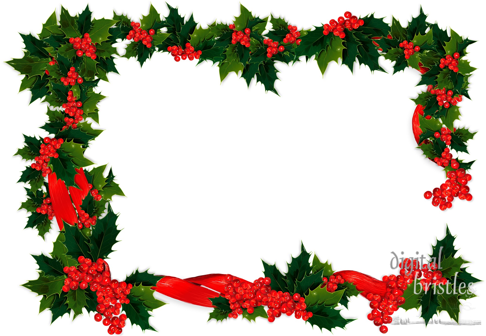 Seasonal decorative frame of red ribbon, holly leaves and berries