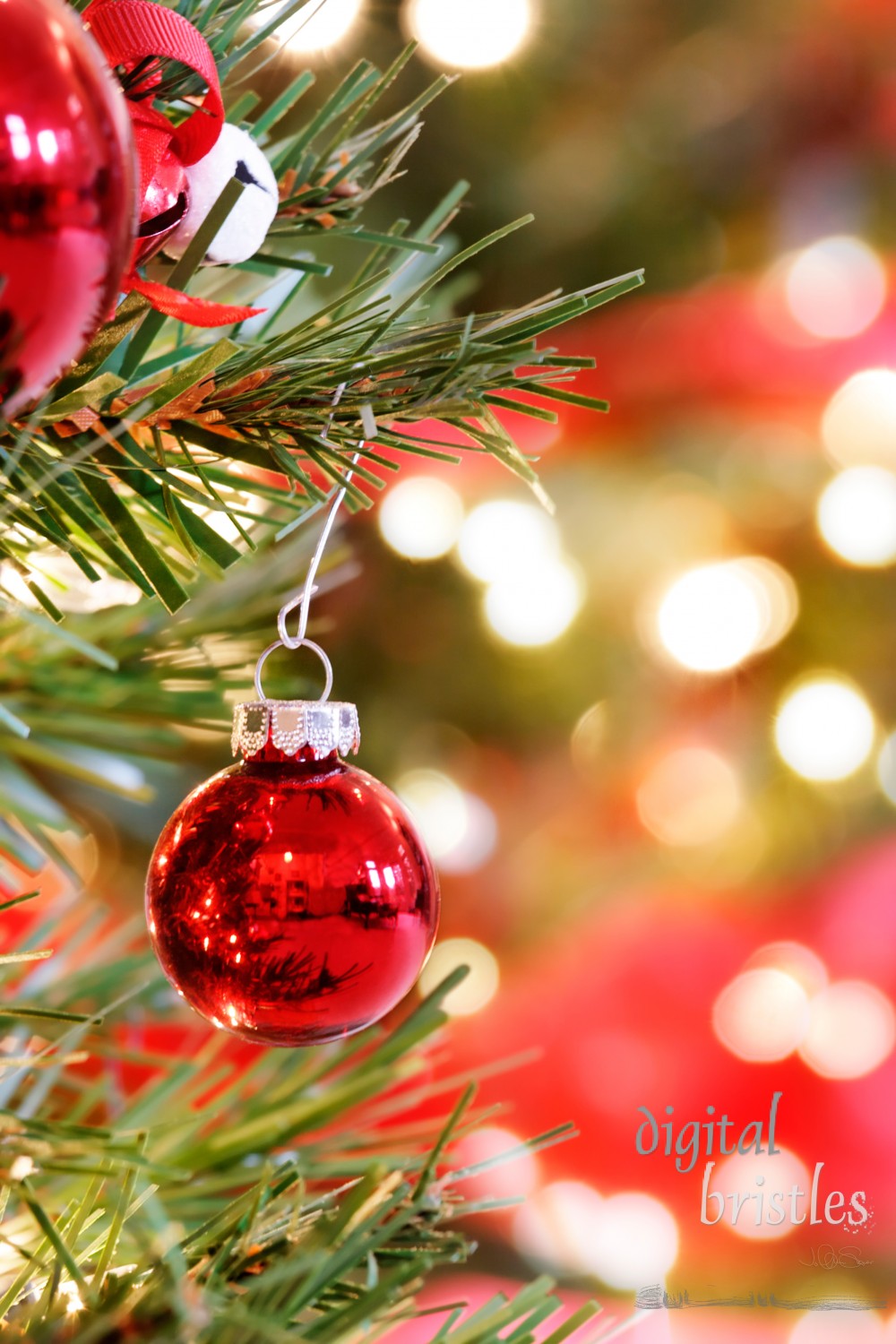 Red Christmas Tree bauble surrounded by lights