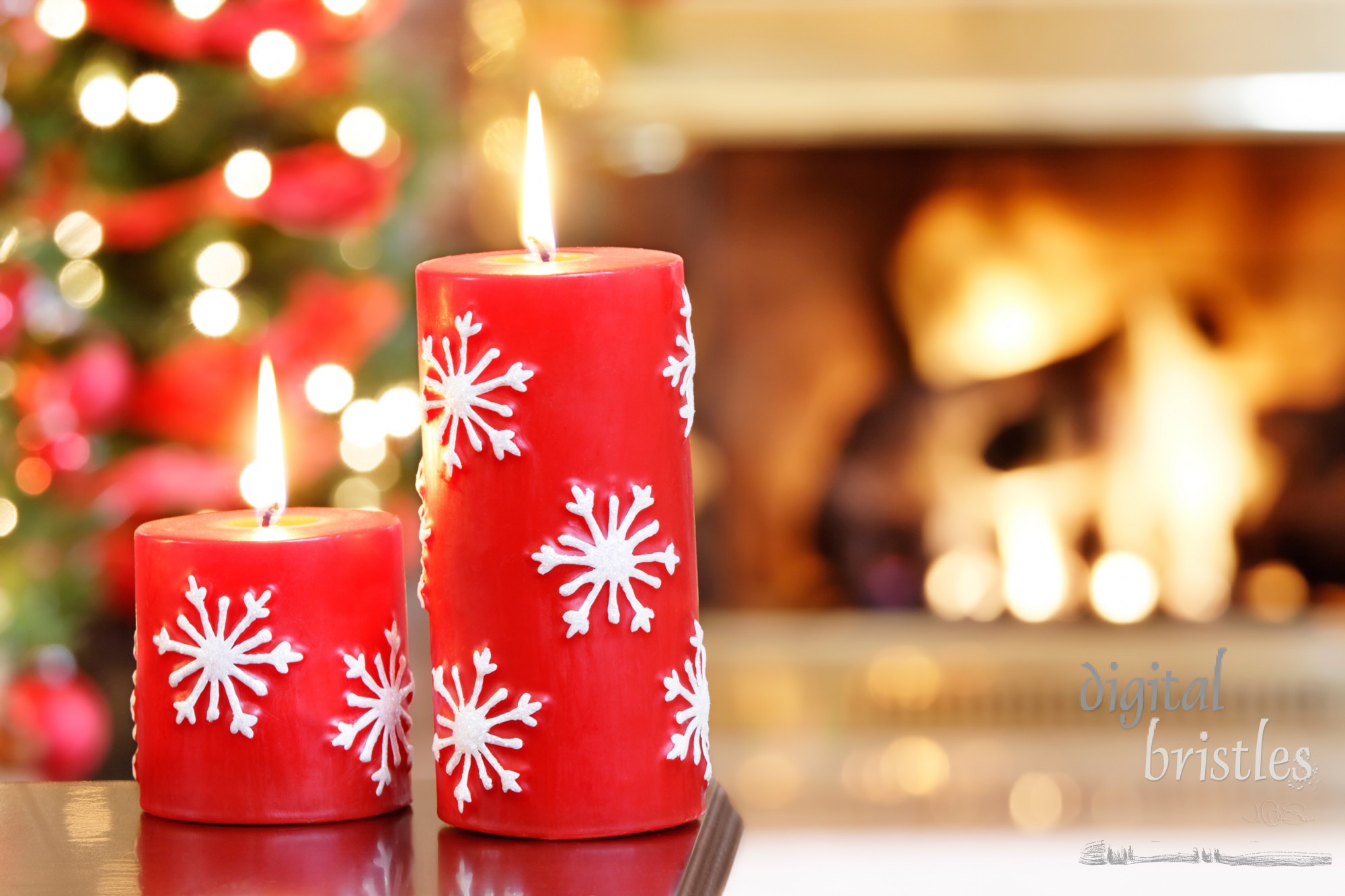 Christmas candles by the Christmas trees and fire