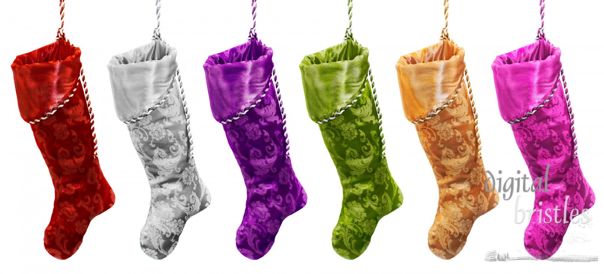 Richly colored Christmas stockings hanging in a row