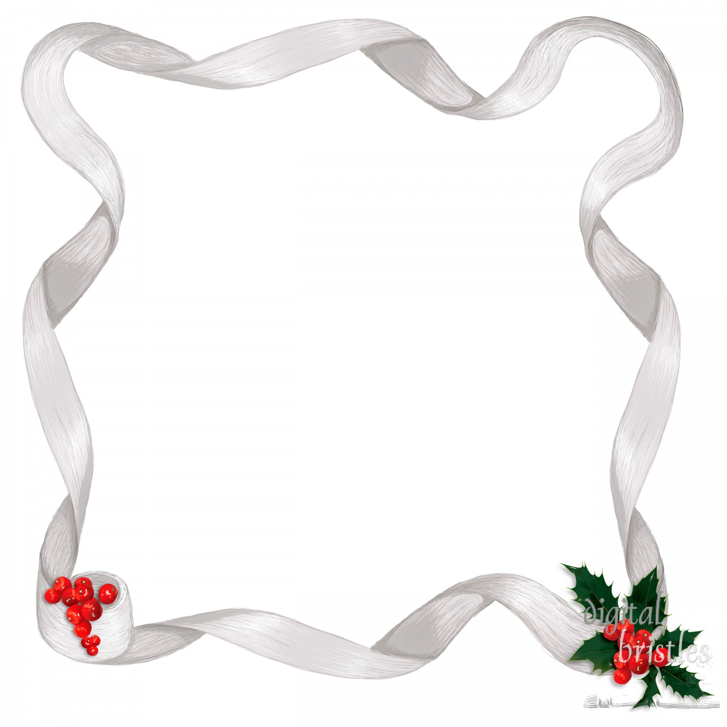 Shiny silver ribbon border, with holly & berry accents