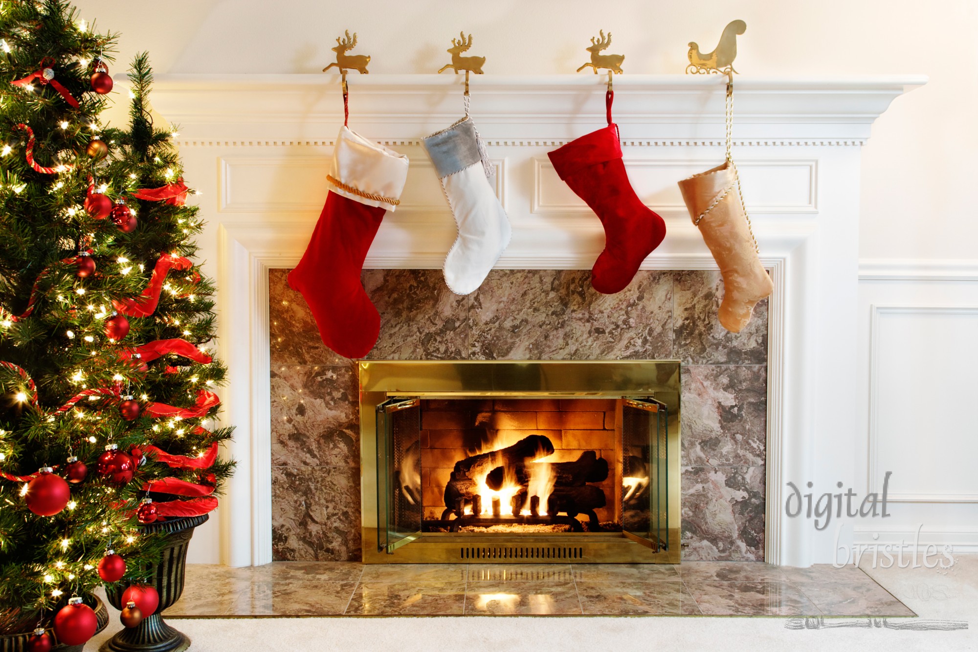 Four Christmas stockings hanging by the living room fire