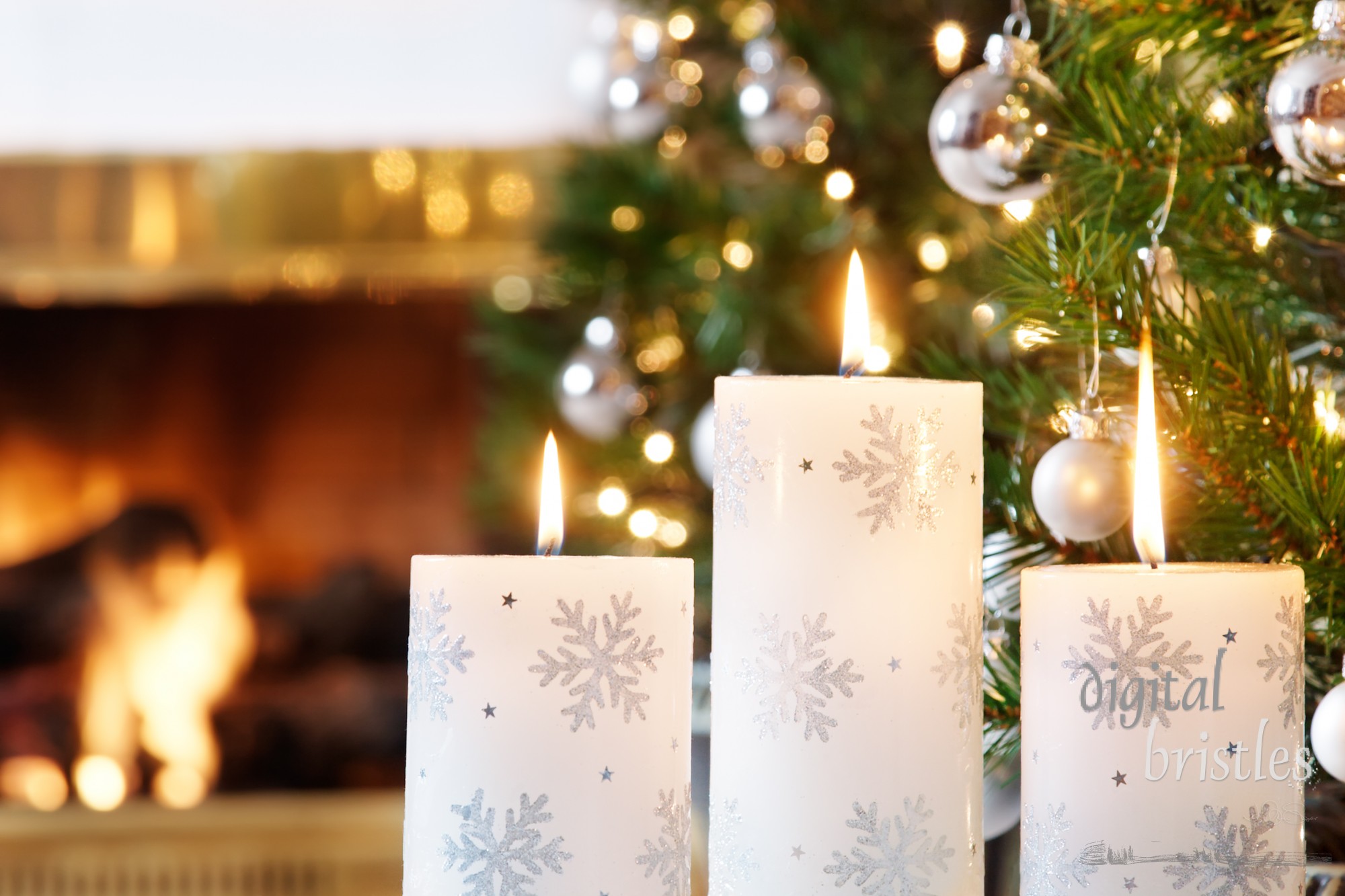 Snowflake candles and glittering decorations by a warm fire