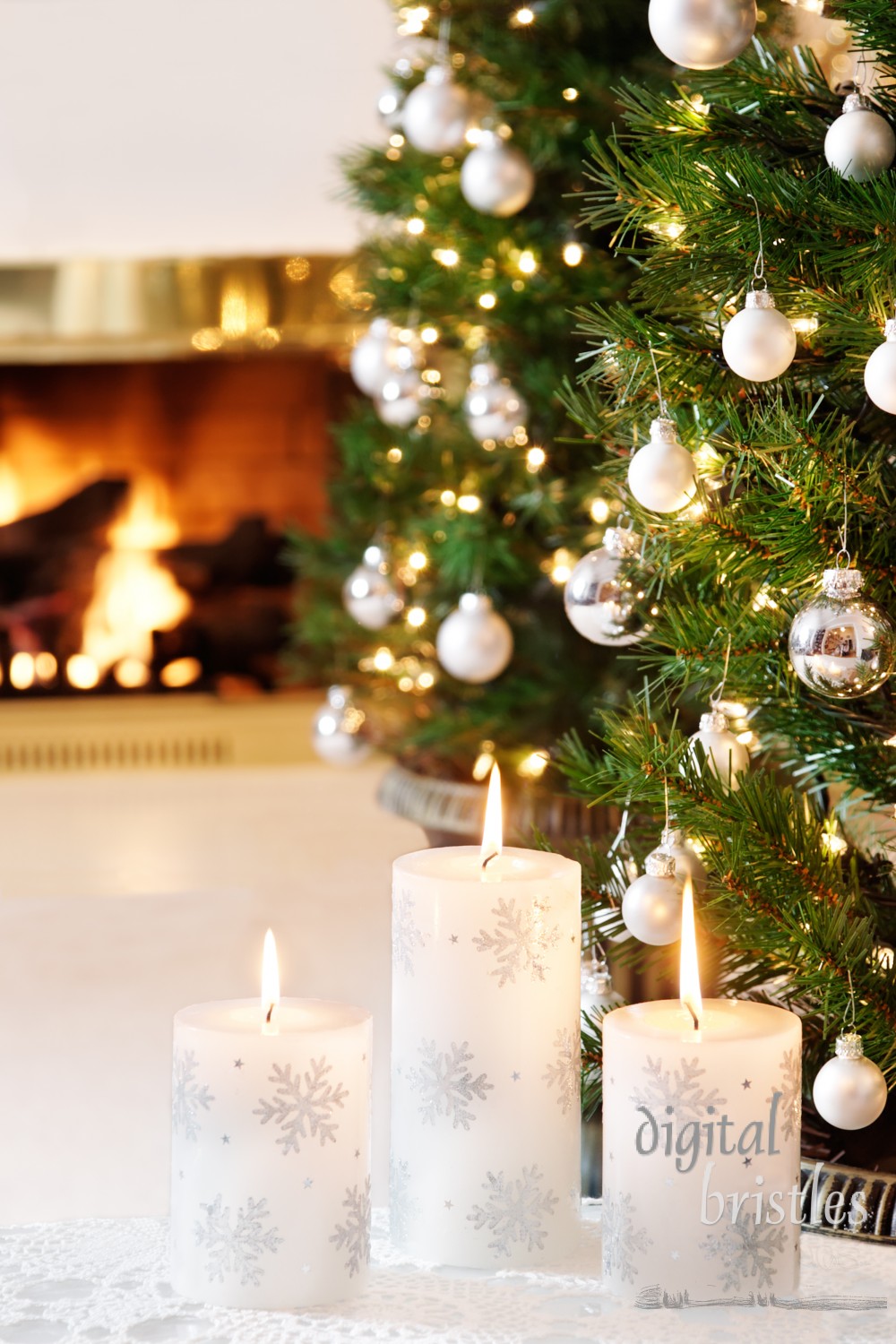 Snowflake candles and glittering decorations by a warm fire