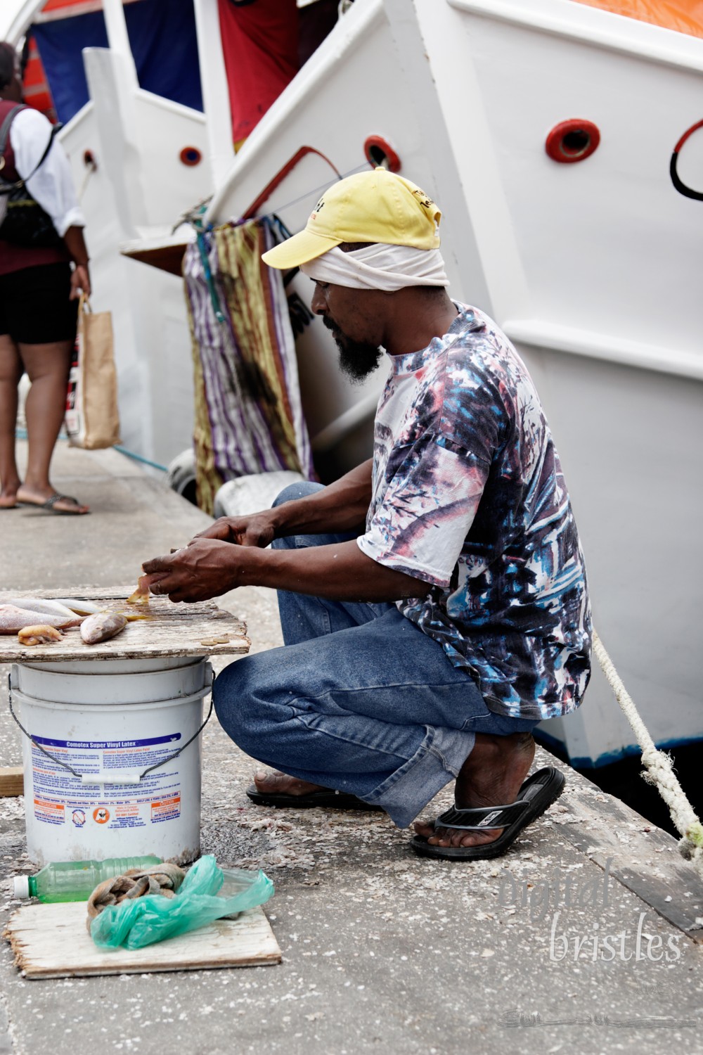 Fisherman cleaning his catch at the floating market, Willemstad, Curacao