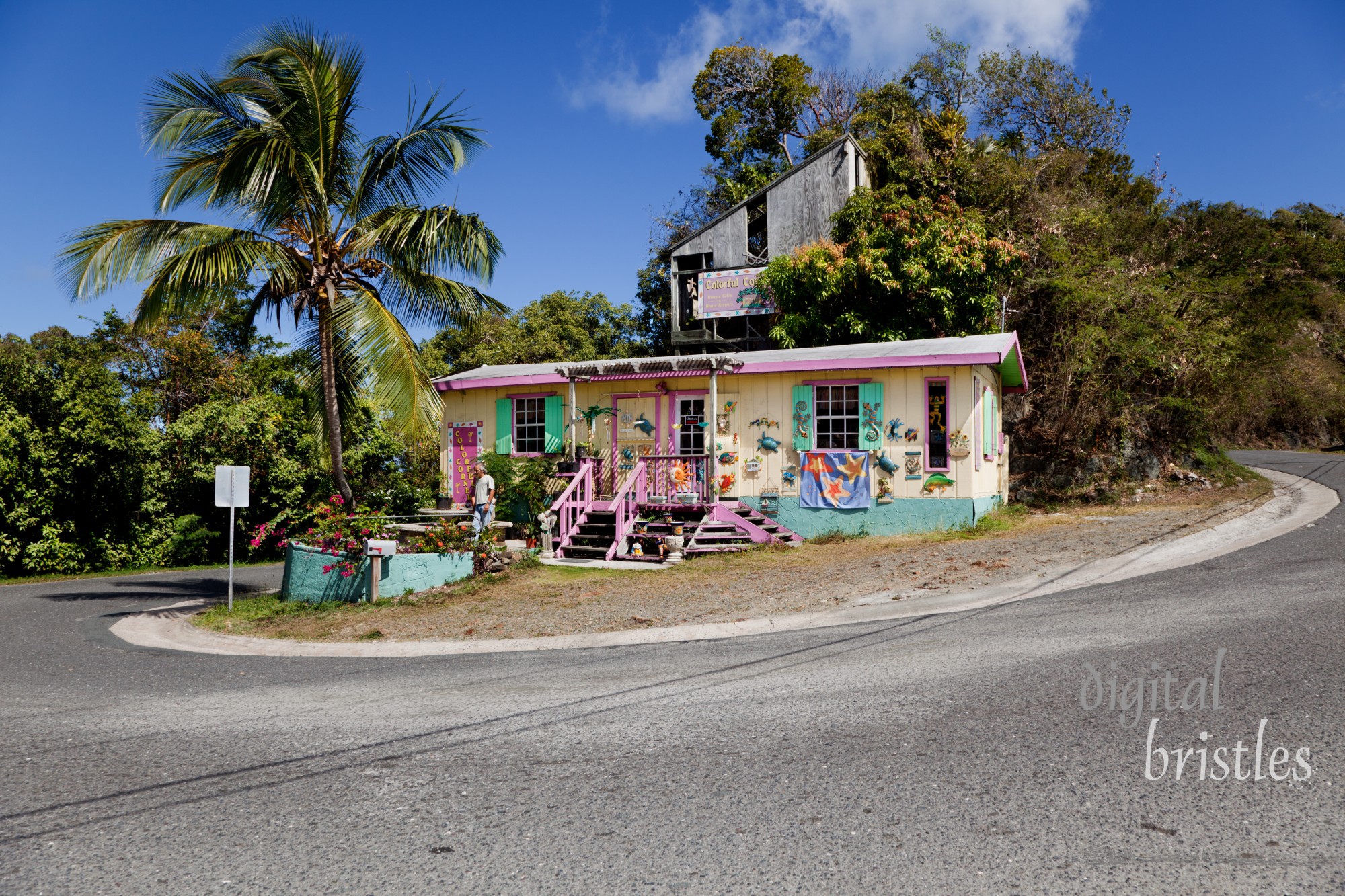 Colorful Corner at the Bordeaux Overlook on St. John's Centerline Road. The store offers colorful arts & crafts items, catering mostly to tourists traveling between Cruz Bay and beaches or the Annaberg Plantation.