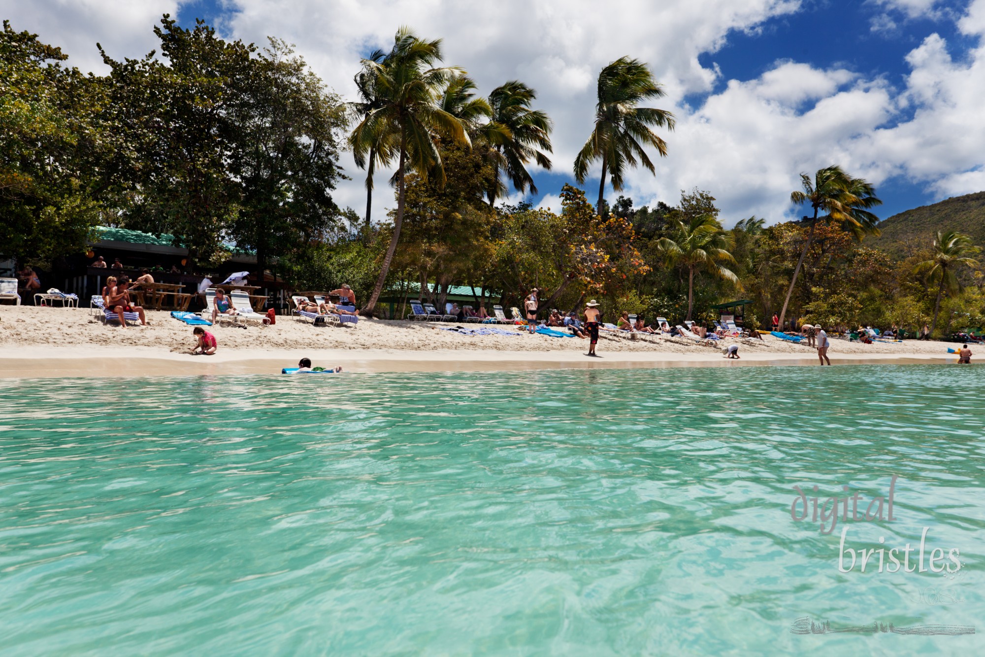 Swimmers and sunbathers enjoy the protected waters and long soft white sand beach at Magens Bay. The beautiful one mile beach is a public park and was donated to the people of the Virgin Islands by Arthur Fairchild and has snack bar and equipment rentals.