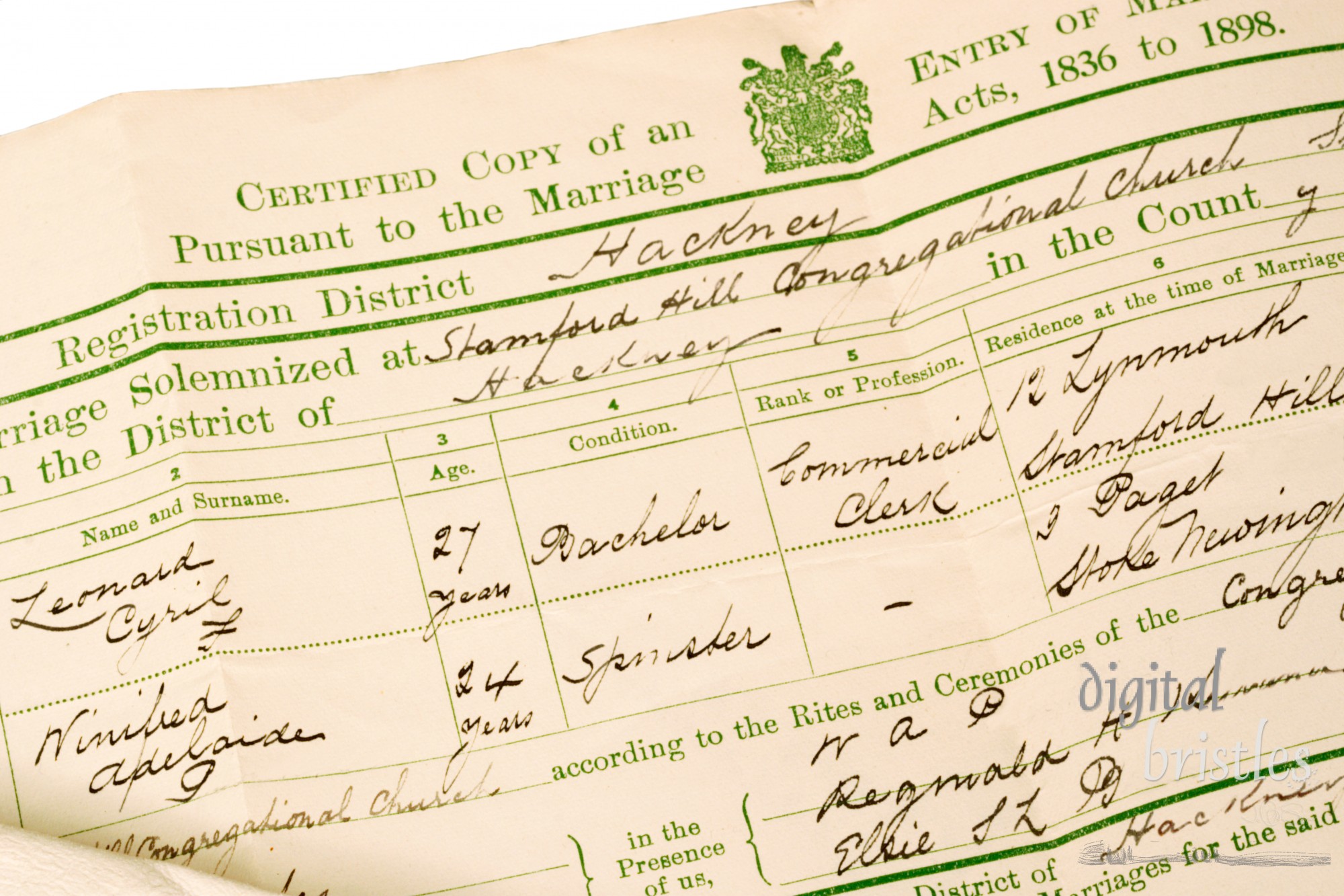 Early 20th century English marriage certificate