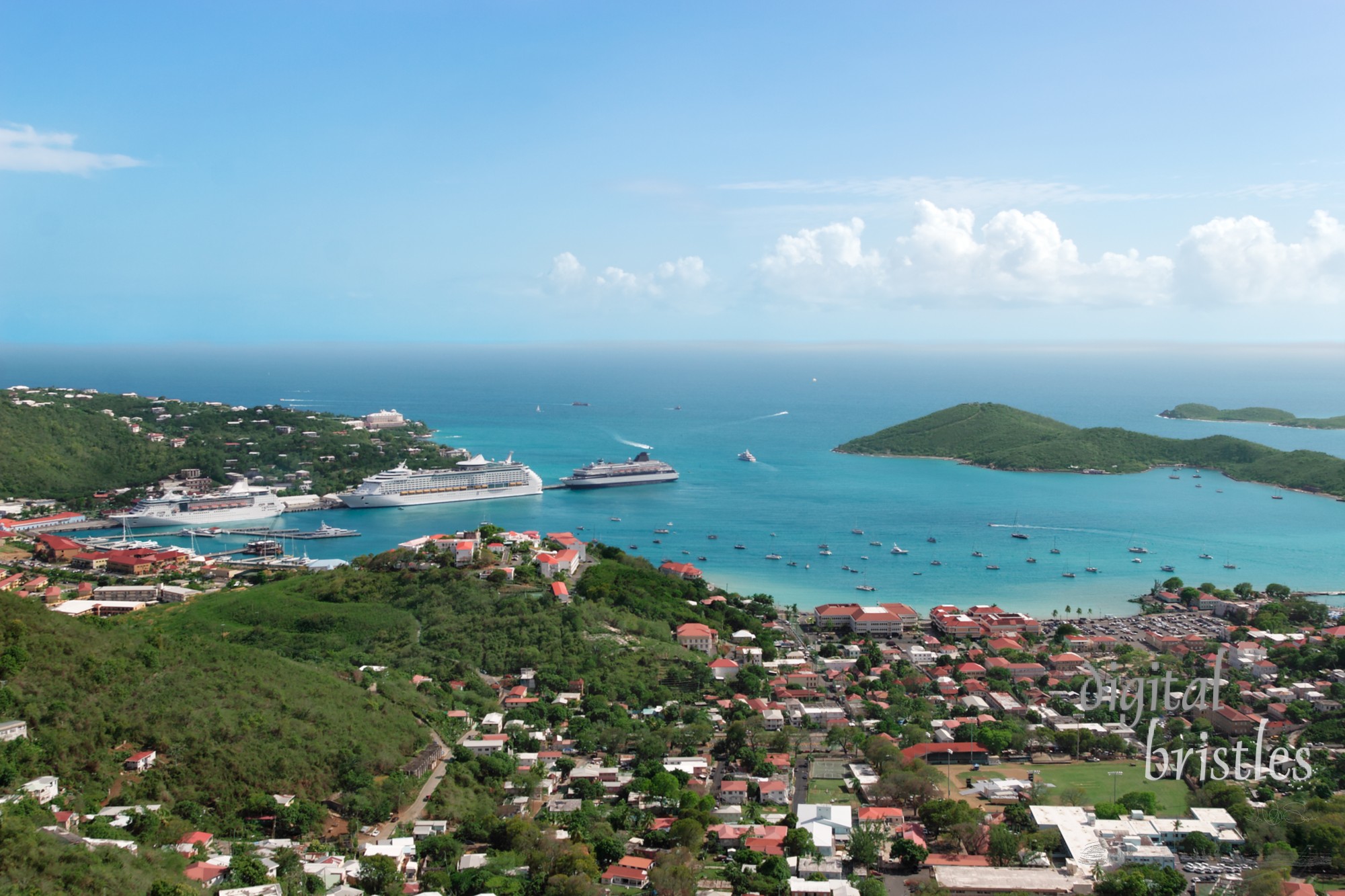 Cruise ships docked in Charlotte Amalie's busy harbor