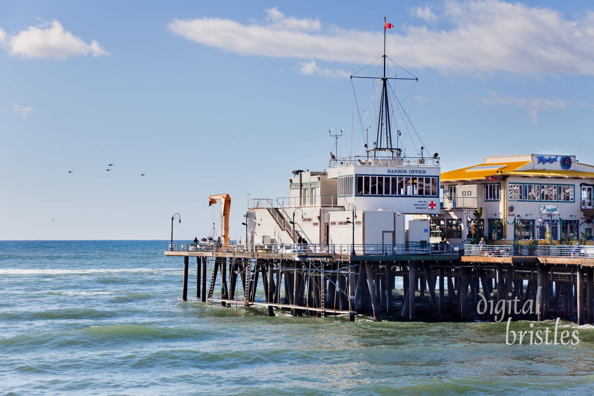 Harbor Office at the end of the Santa Monica Pier. The Pier and Harbor Unit is part of the Santa Monica Police Department, and provides rescue, first responder and security services to the beach and pier. The office shares the pier with Marisol, one of several restaurants along the pier.