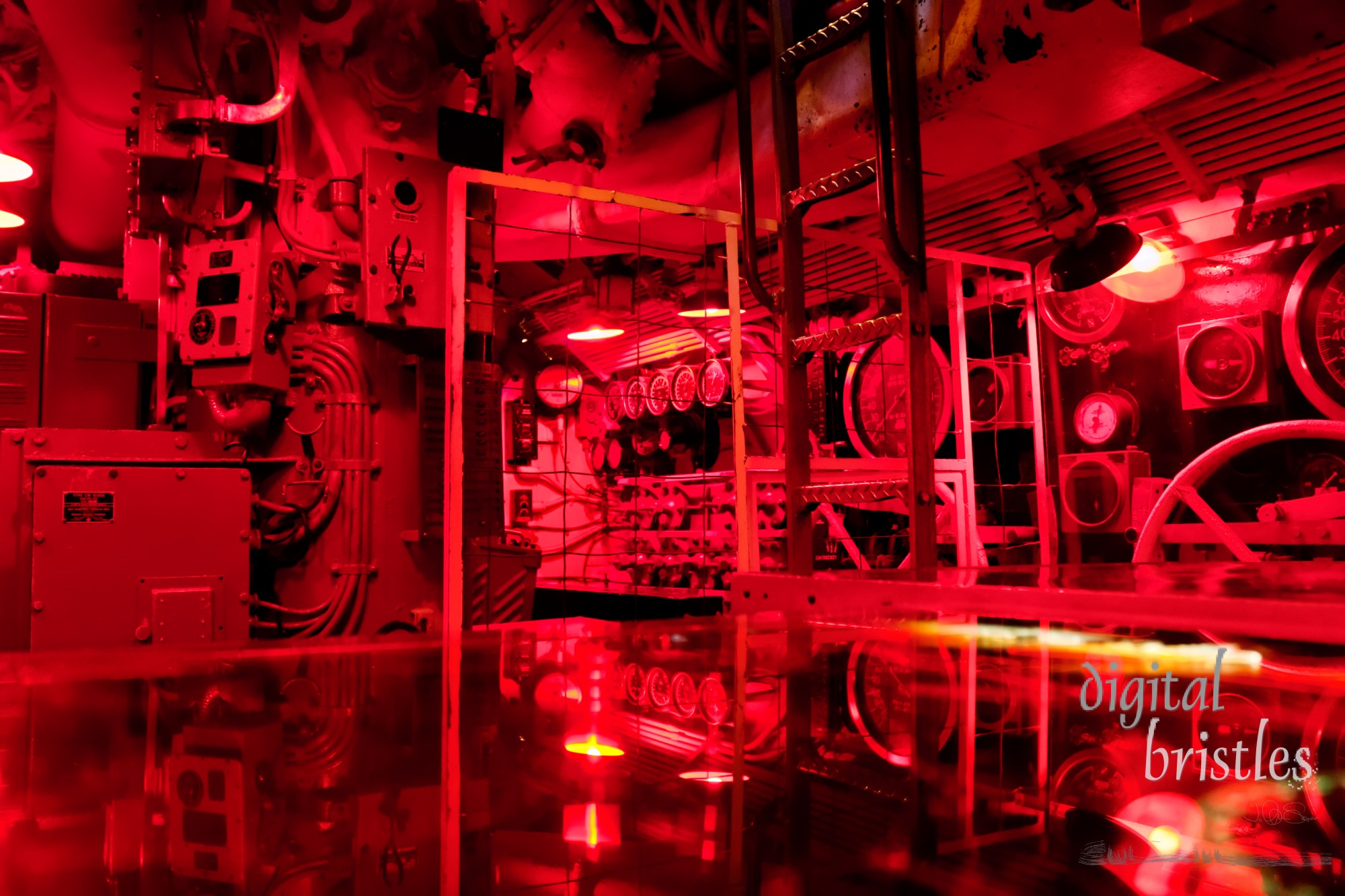 Control Room on the  USS Pampanito. USS Pampanito (SS-383) is a restored World War II Balao class submarine now at Pier 45, Fisherman's Wharf. The red lighting was employed in control rooms in submarines of this era to allow for crew to adjust their eyes more quickly to the dark.