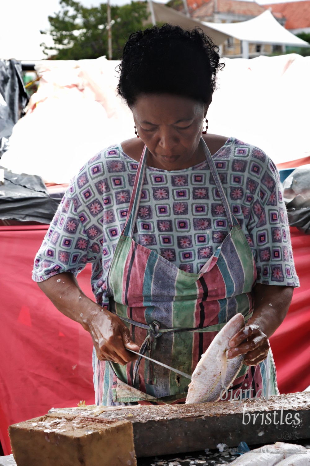 Woman cleaning the fresh catch at the floating market, Willemstad, Curacao