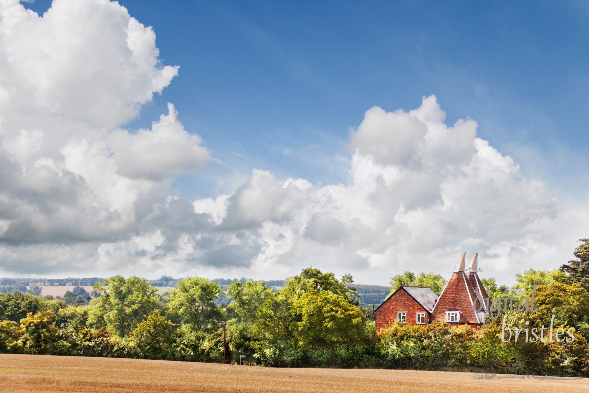 Oast house nestled in trees, Hollingbourne, Kent