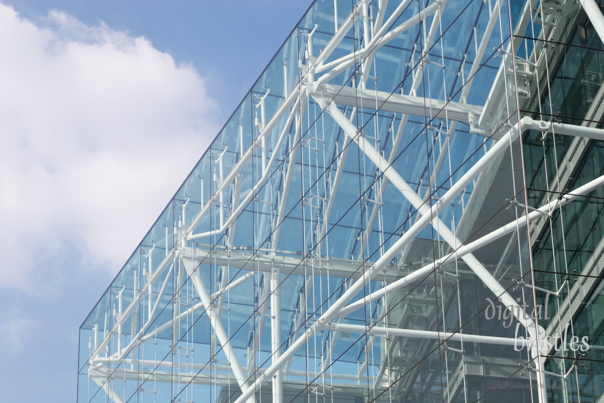 Glass and pipe office building exterior, horizontal