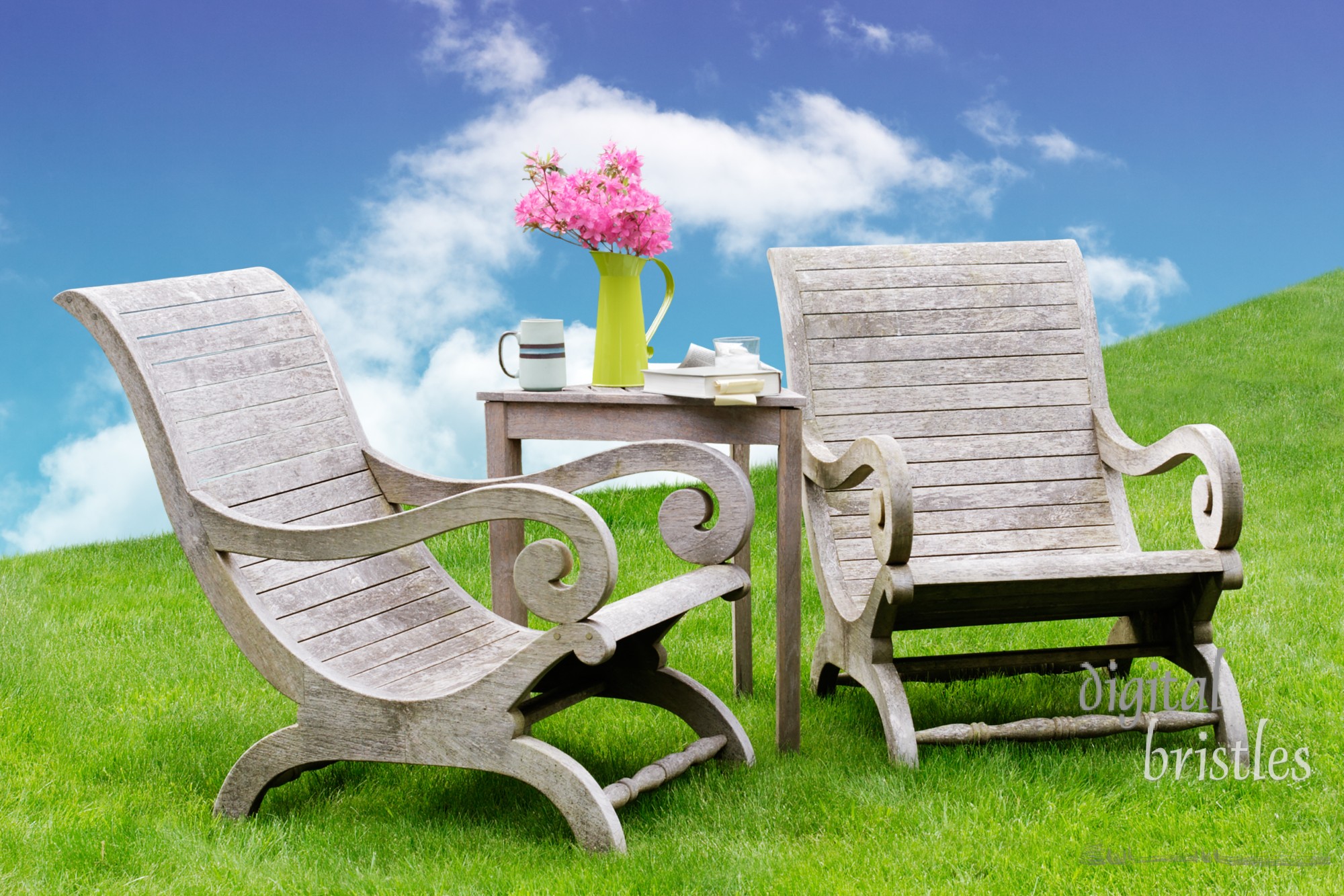 Wooden garden chairs in a green spot in the garden