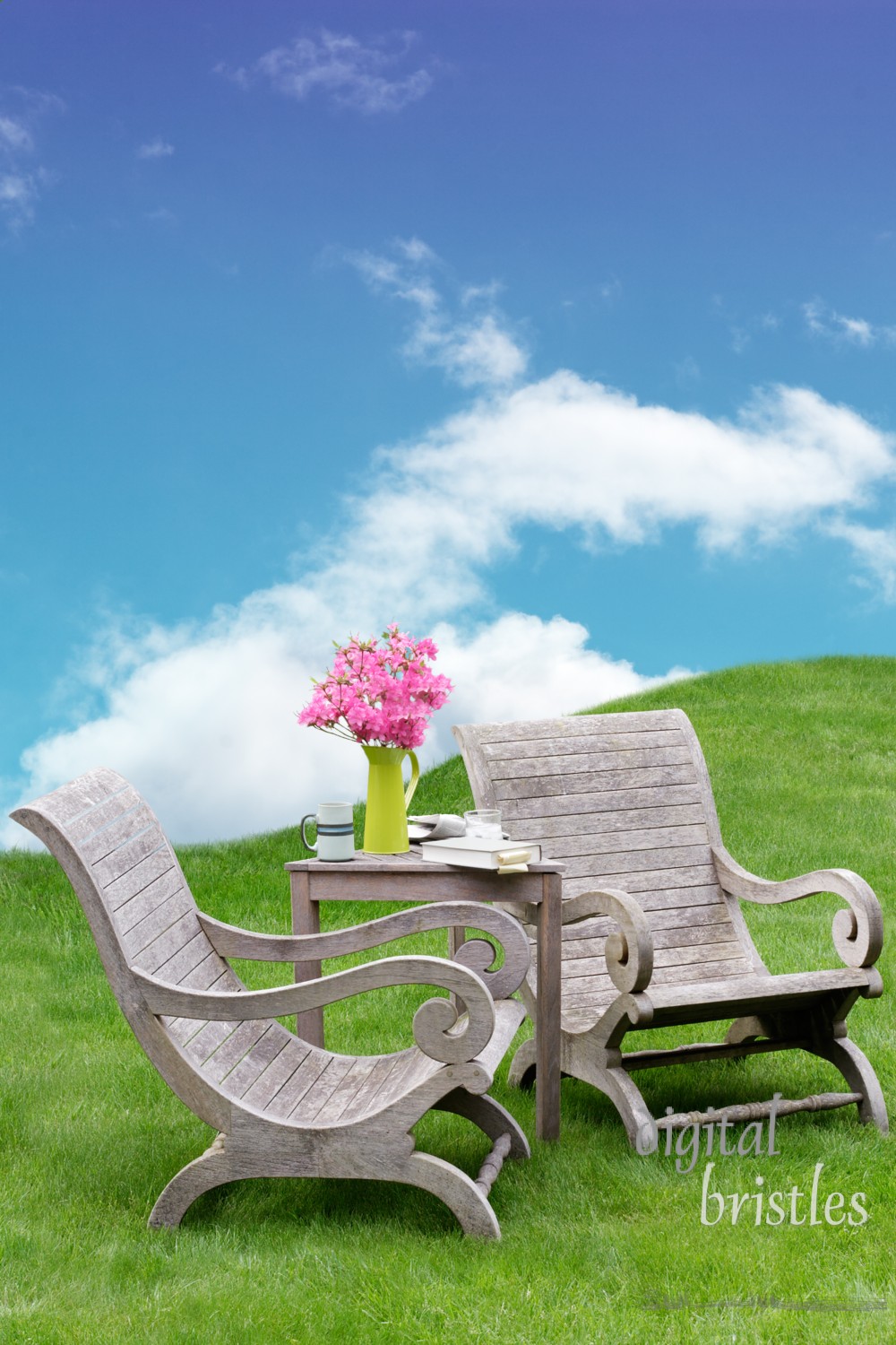 Wooden garden chairs in a surreal and peaceful spot