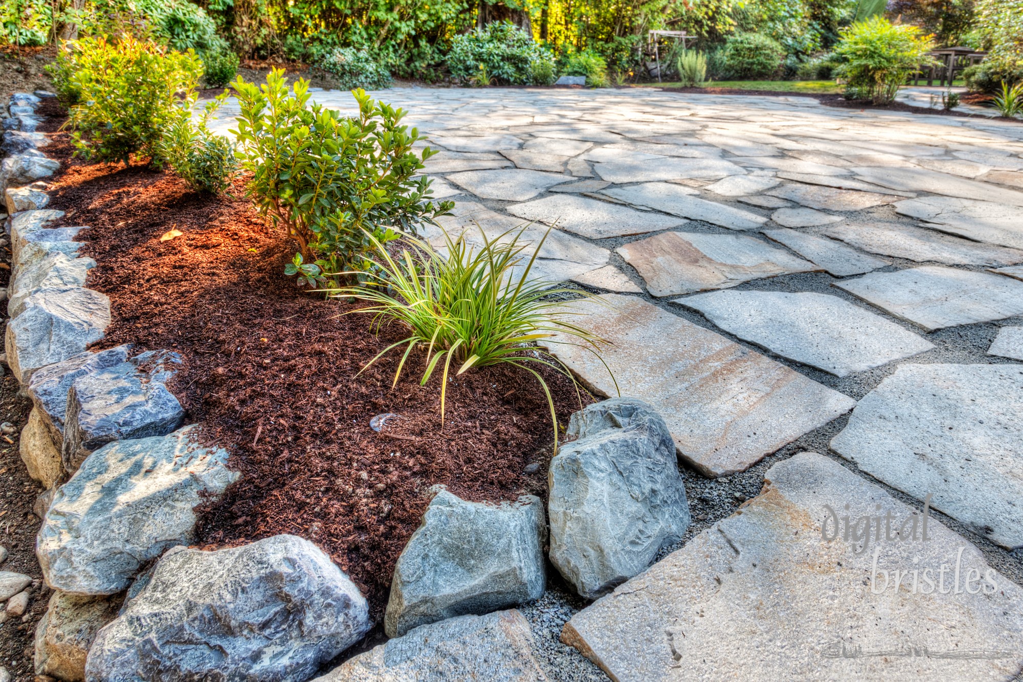 Plants in place in flower beds edging the stone patio