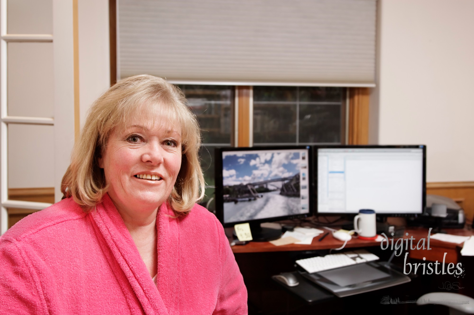 Mature woman in her home office before getting dressed