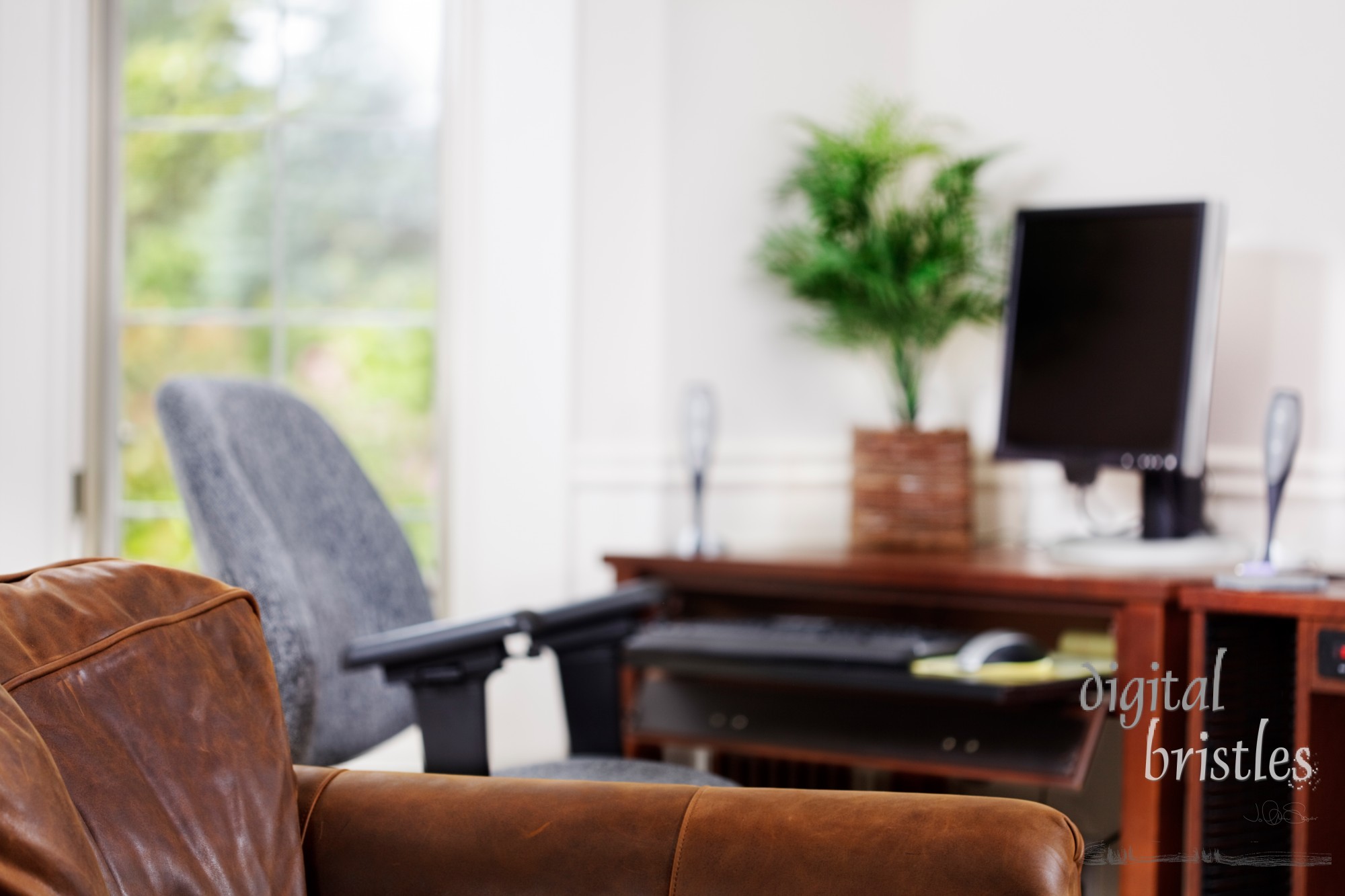 Comfy leather chair in a home office. Shallow depth of field.