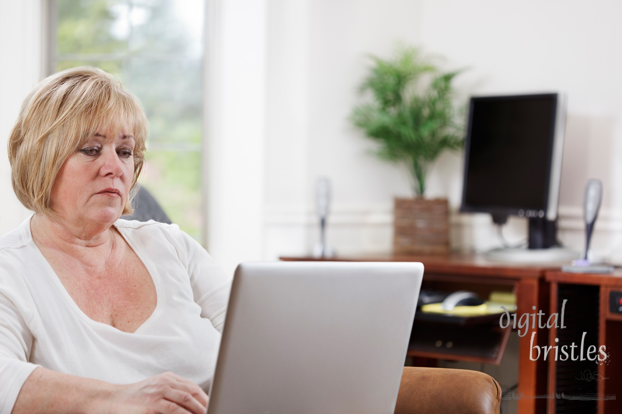 Mature woman typing on a laptop in her home office