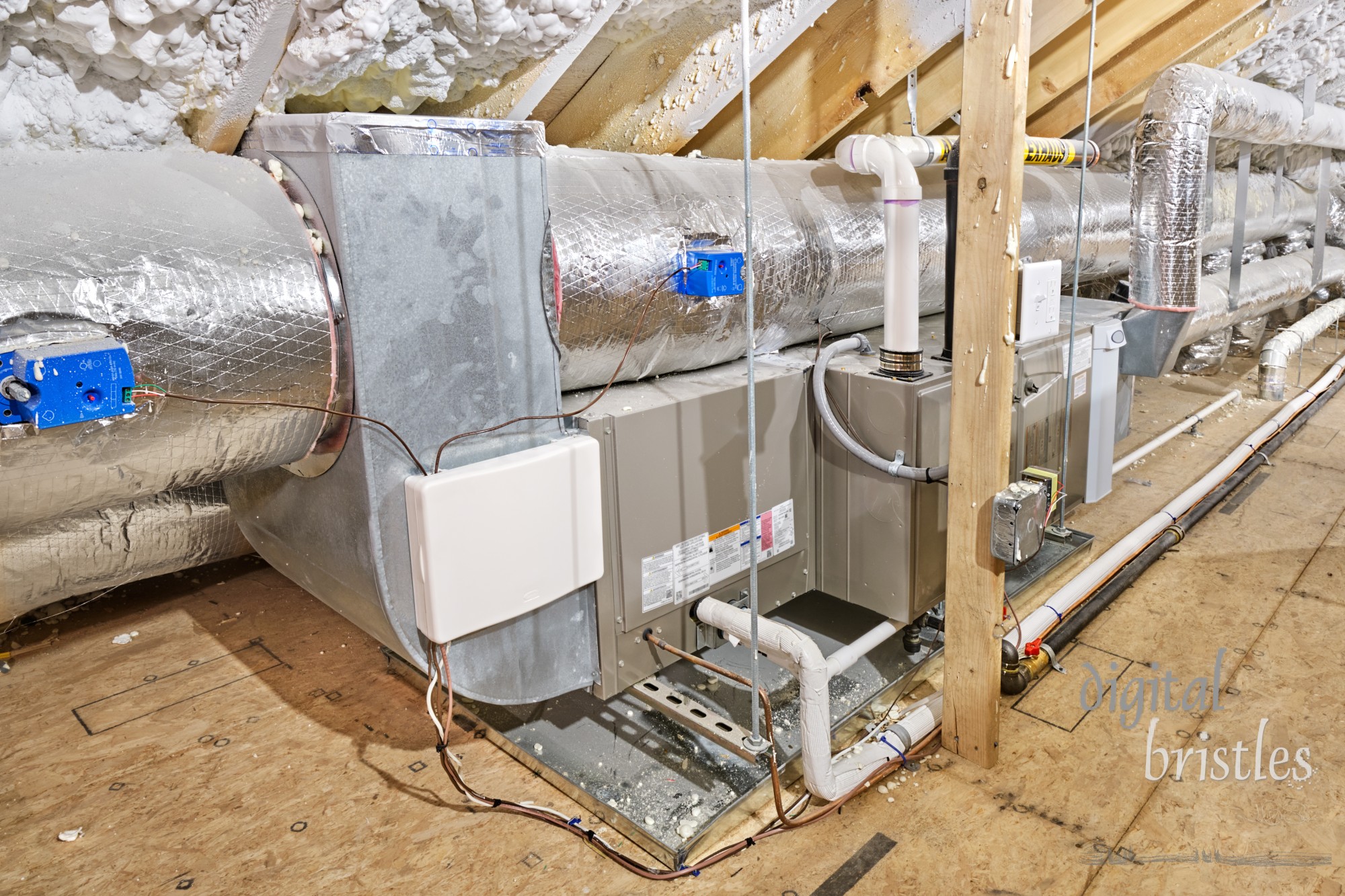 Gas furnace, supply lines and ductwork in an insulated but unfinished attic