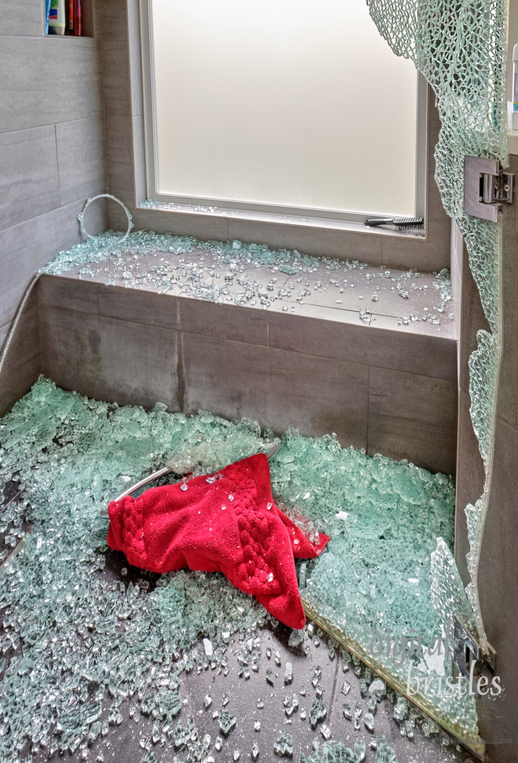 Shattered glass covers the shower floor after the door exploded, leaving the bathmat in a pile of glass pieces