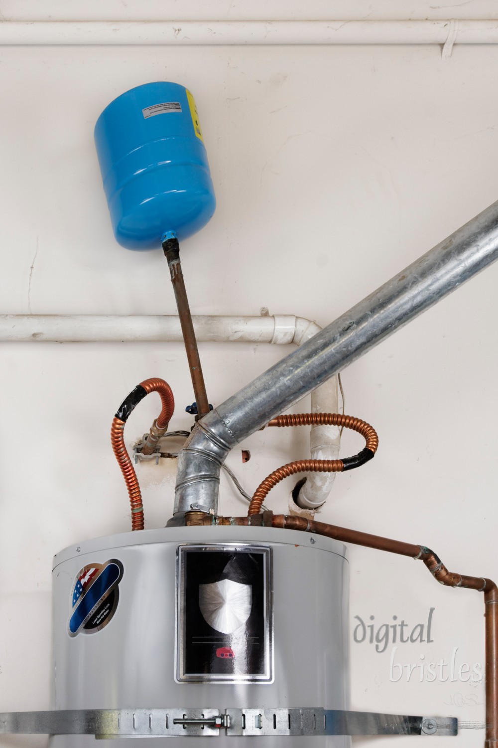 Water heater replacement with required wall straps & expansion tank, top detail