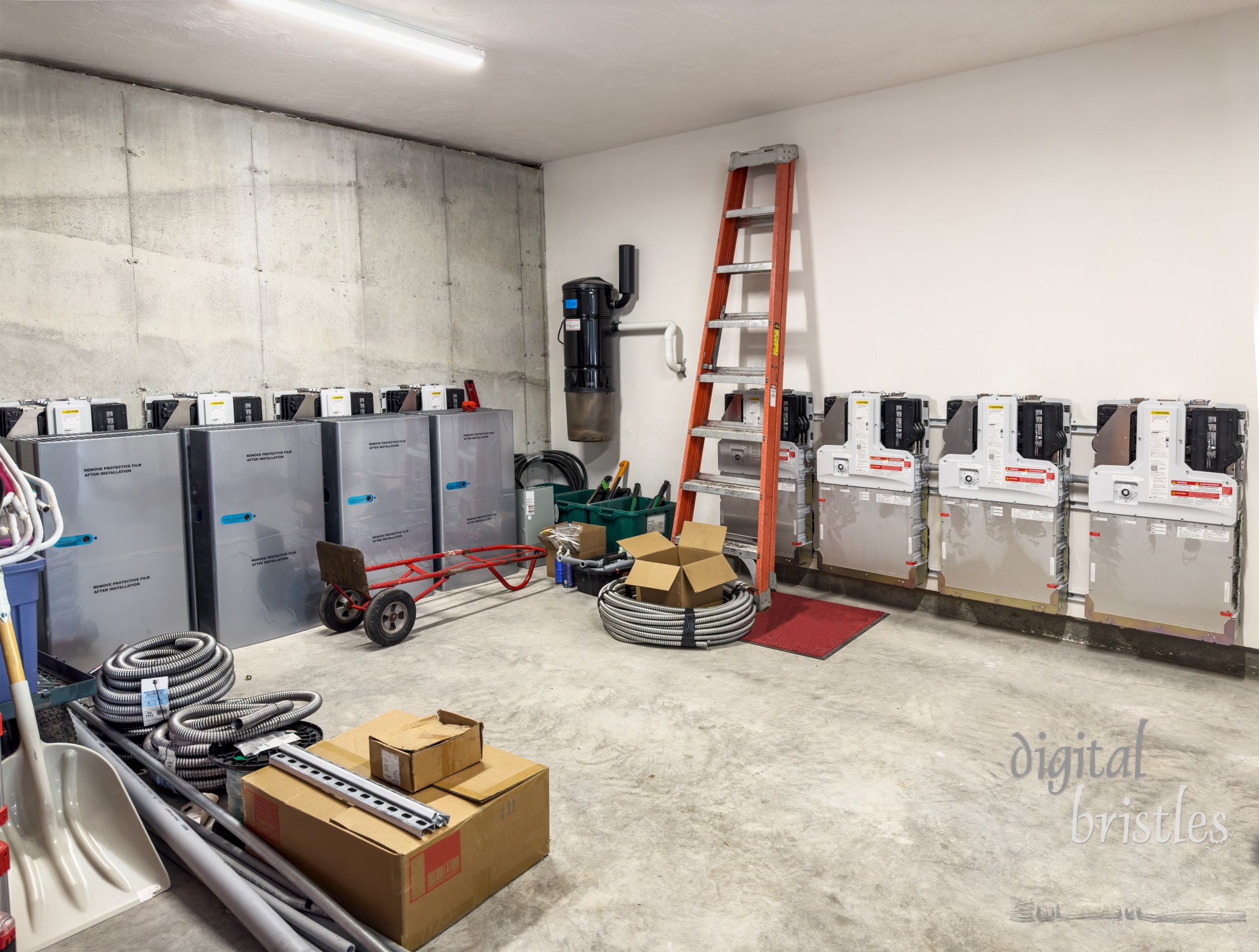 Conduit, pipe, battery storage and equipment in garage during rooftop solar panel installation