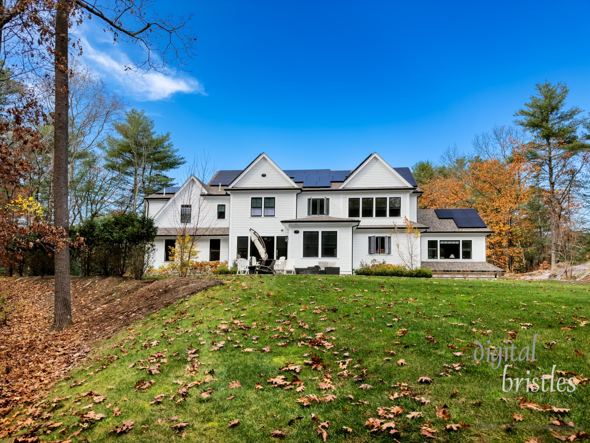 Nearly bare trees  and a bright fall day produce some energy from rooftop solar panels