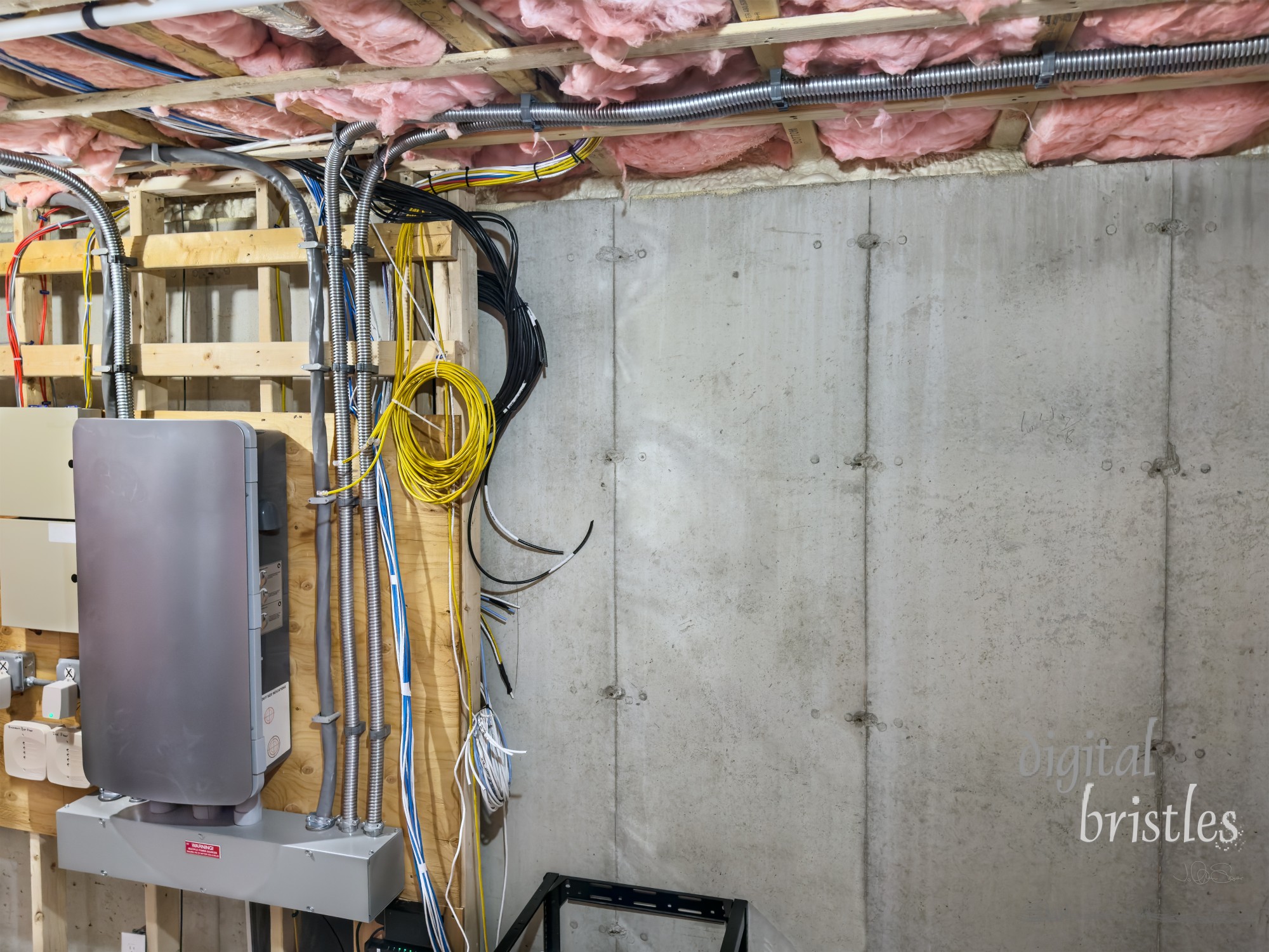 Rooftop solar system and storage batteries connected via system controller in basement utility room