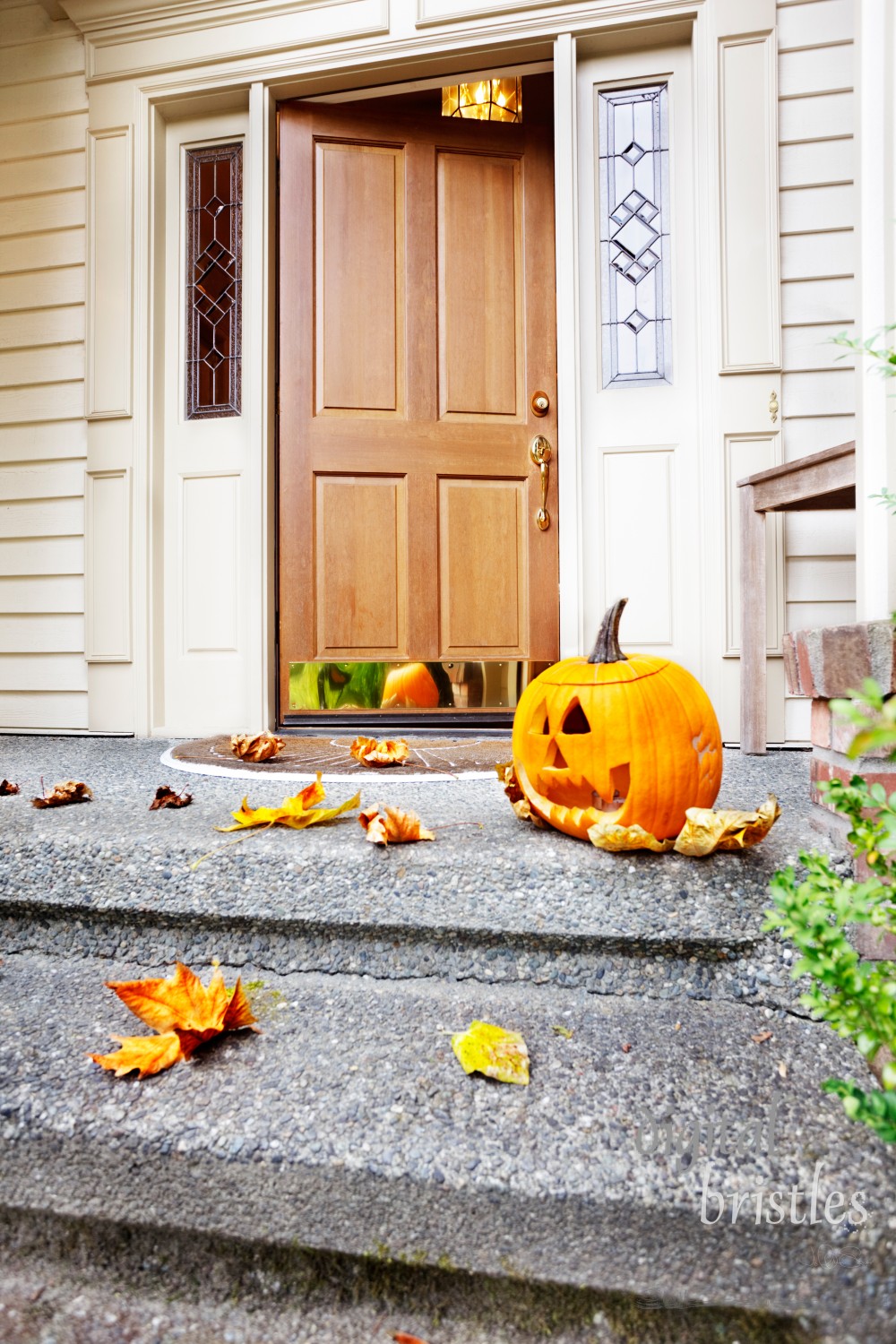 Front steps and open front door with fall leaves and jack-o-lantern