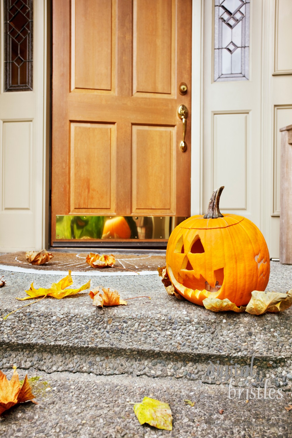 Front steps and open front door with fall leaves and jack-o-lantern