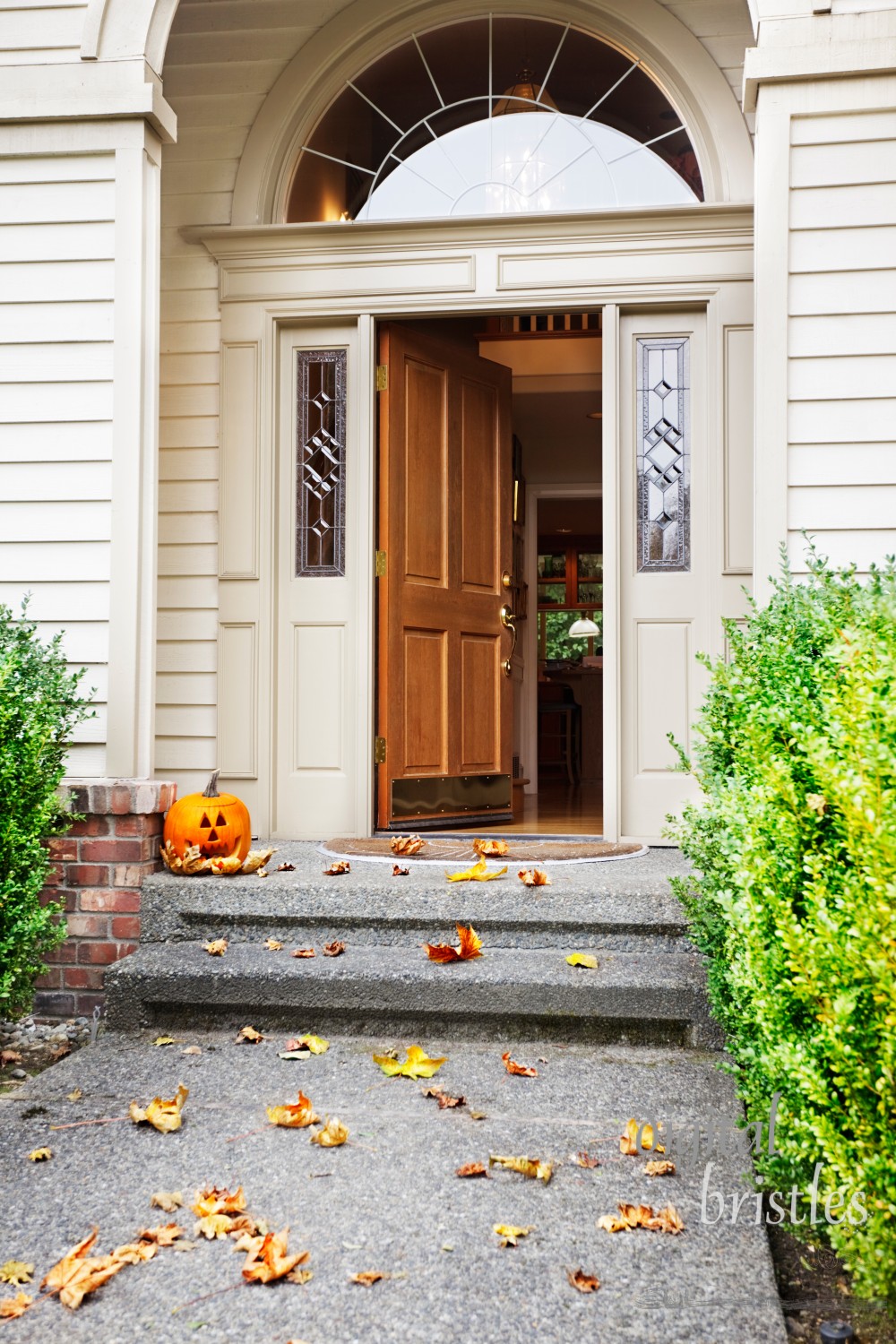 Front path, steps and open front door with fall leaves and jack-o-lantern