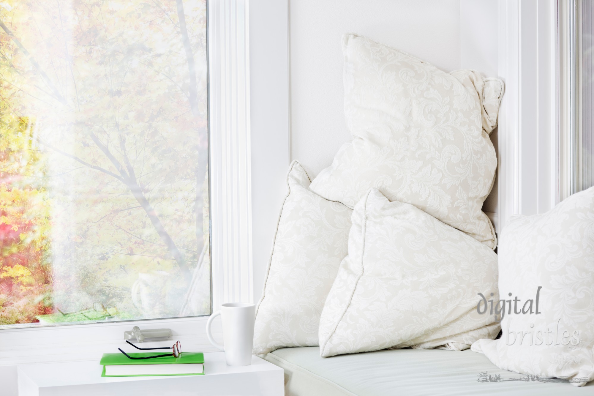 Window seat with cushions, book and mug; fall view