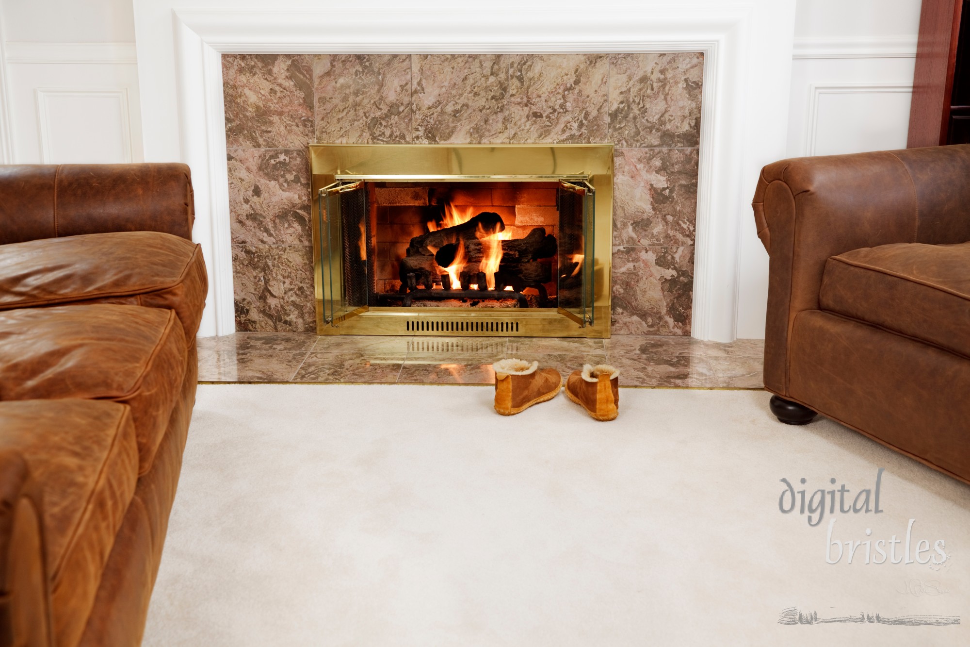 Slippers by the fire in a cozy living room